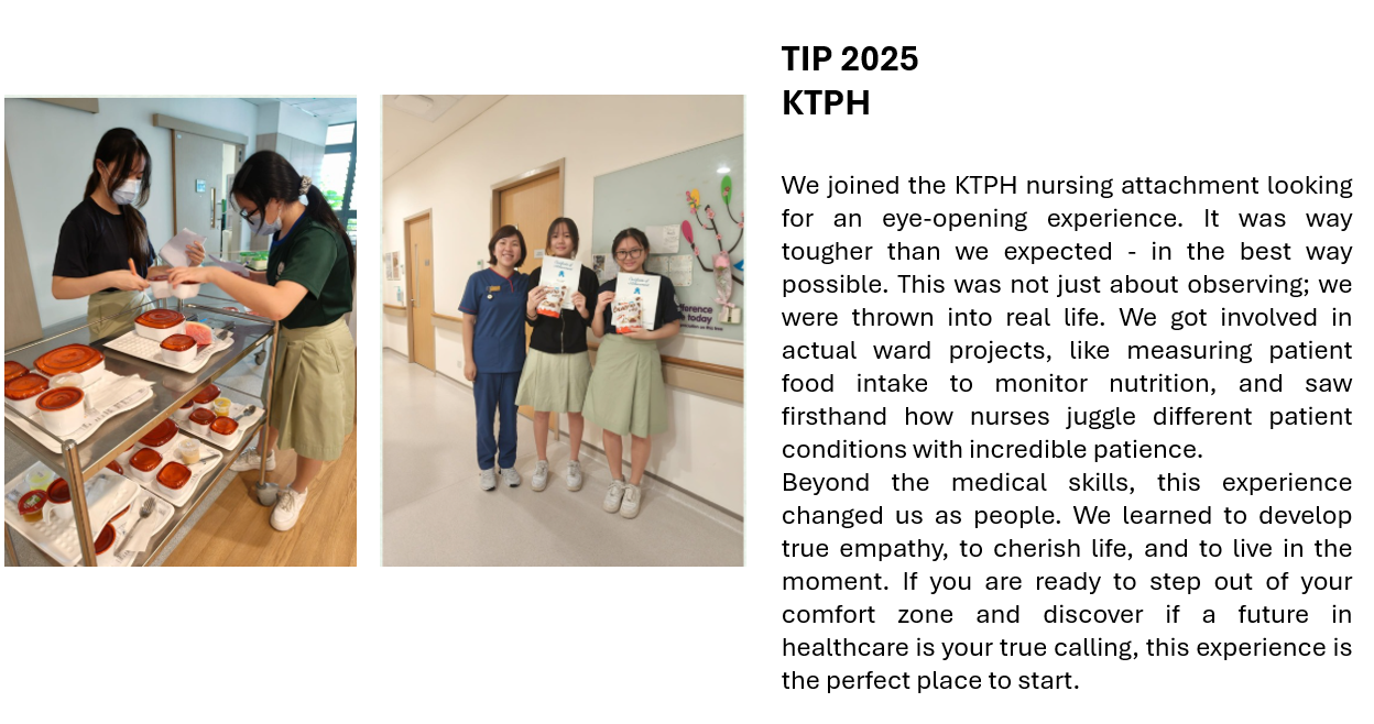 Two students in a hospital ward with food trays, and posing with a nurse holding booklets, beside TIP 2025 KTPH text.