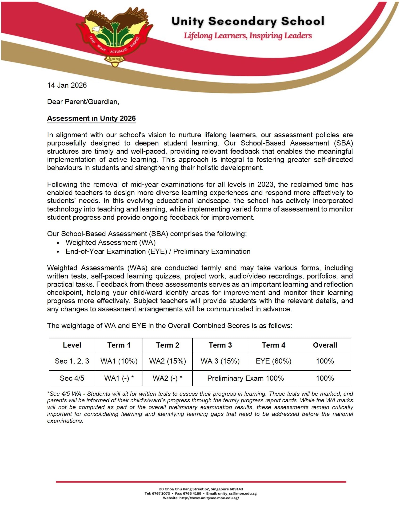 Official letter from Unity Secondary School dated 14 Jan 2026 about assessment policies, including a weightage table.