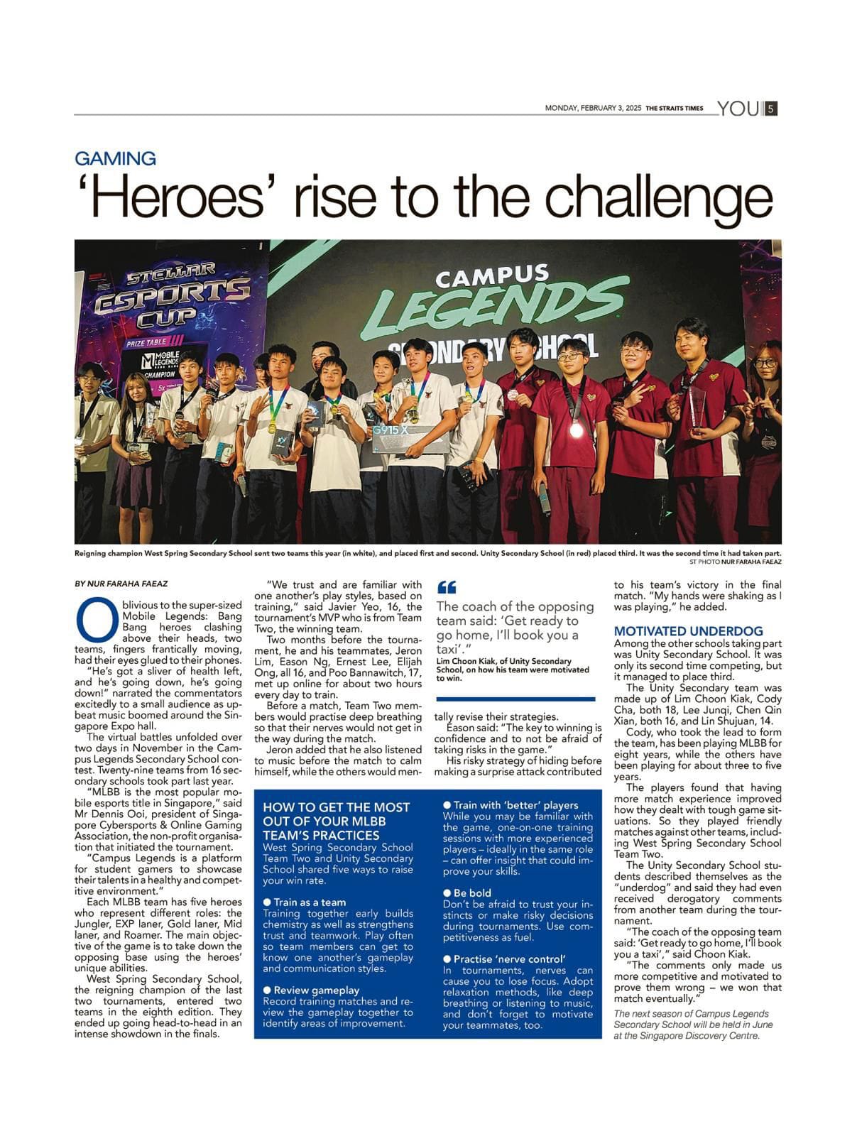 Newspaper article titled Heroes rise to the challenge showing student esports teams posing on stage at a Campus Legends event.