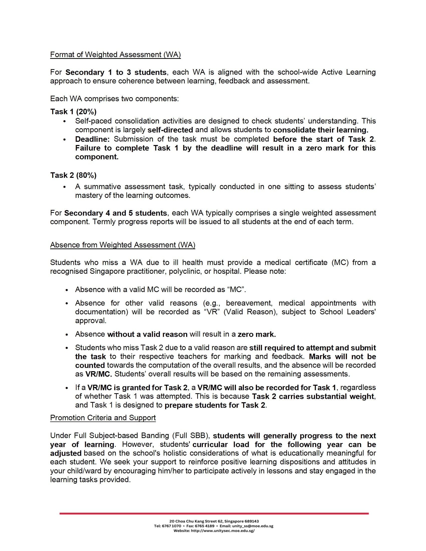 A printed school document outlining Weighted Assessment format, absence policies, and promotion criteria for secondary students.