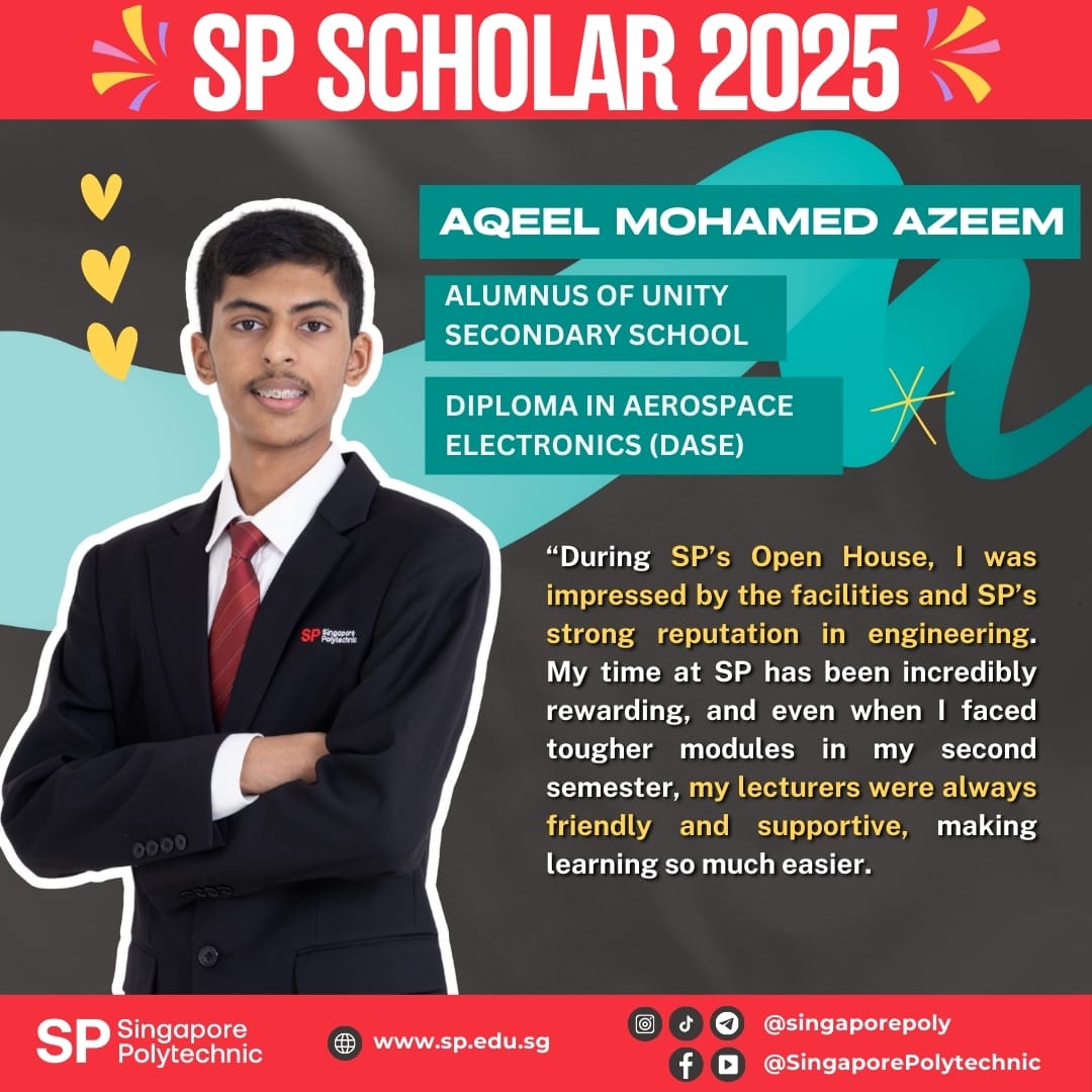 SP Scholar 2025 profile card for Aqeel Mohamed Azeem, a young man in a black suit with arms crossed.