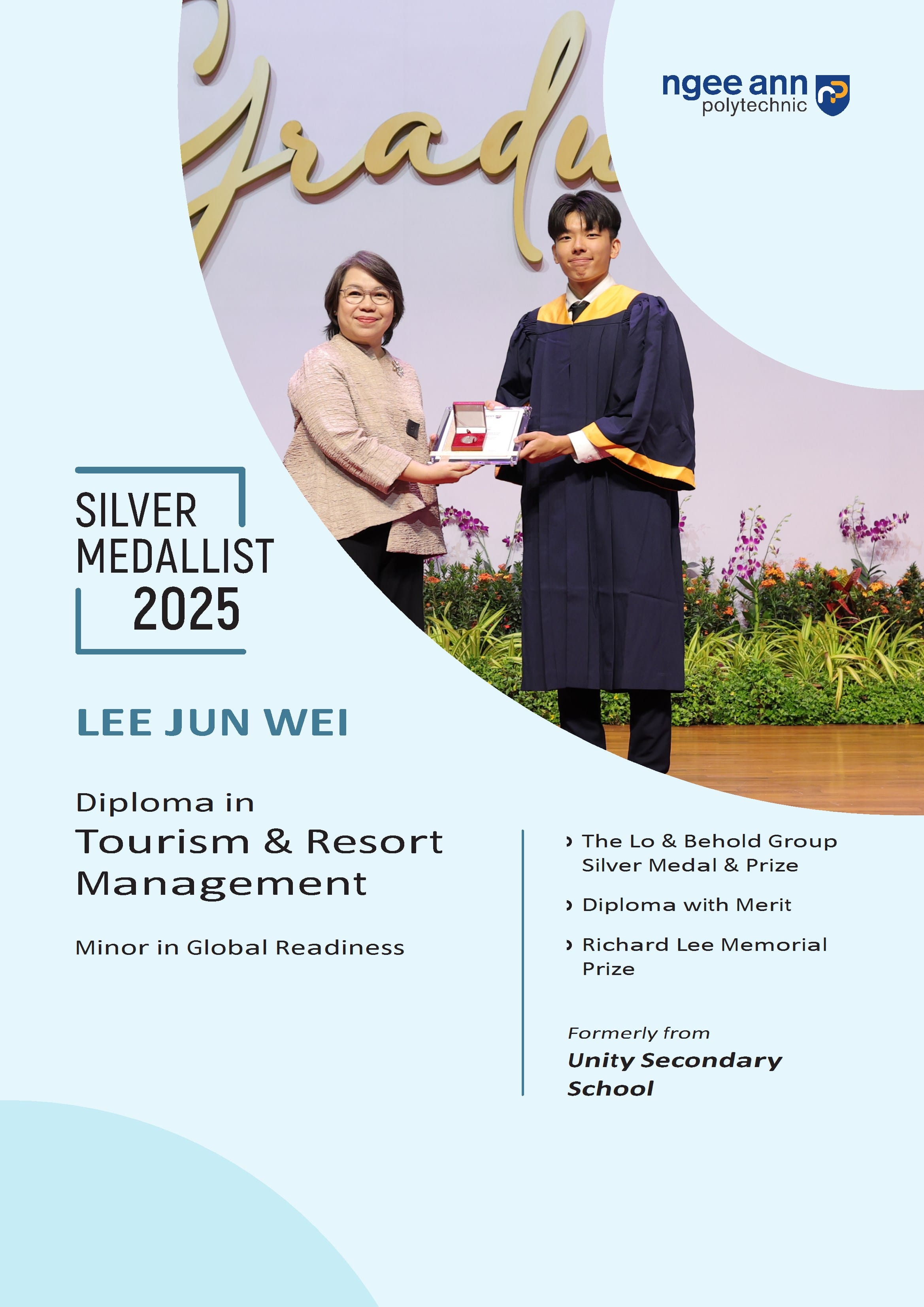 A graduate in a blue gown receives a medal box from a woman at Ngee Ann Polytechnic's 2025 graduation ceremony.