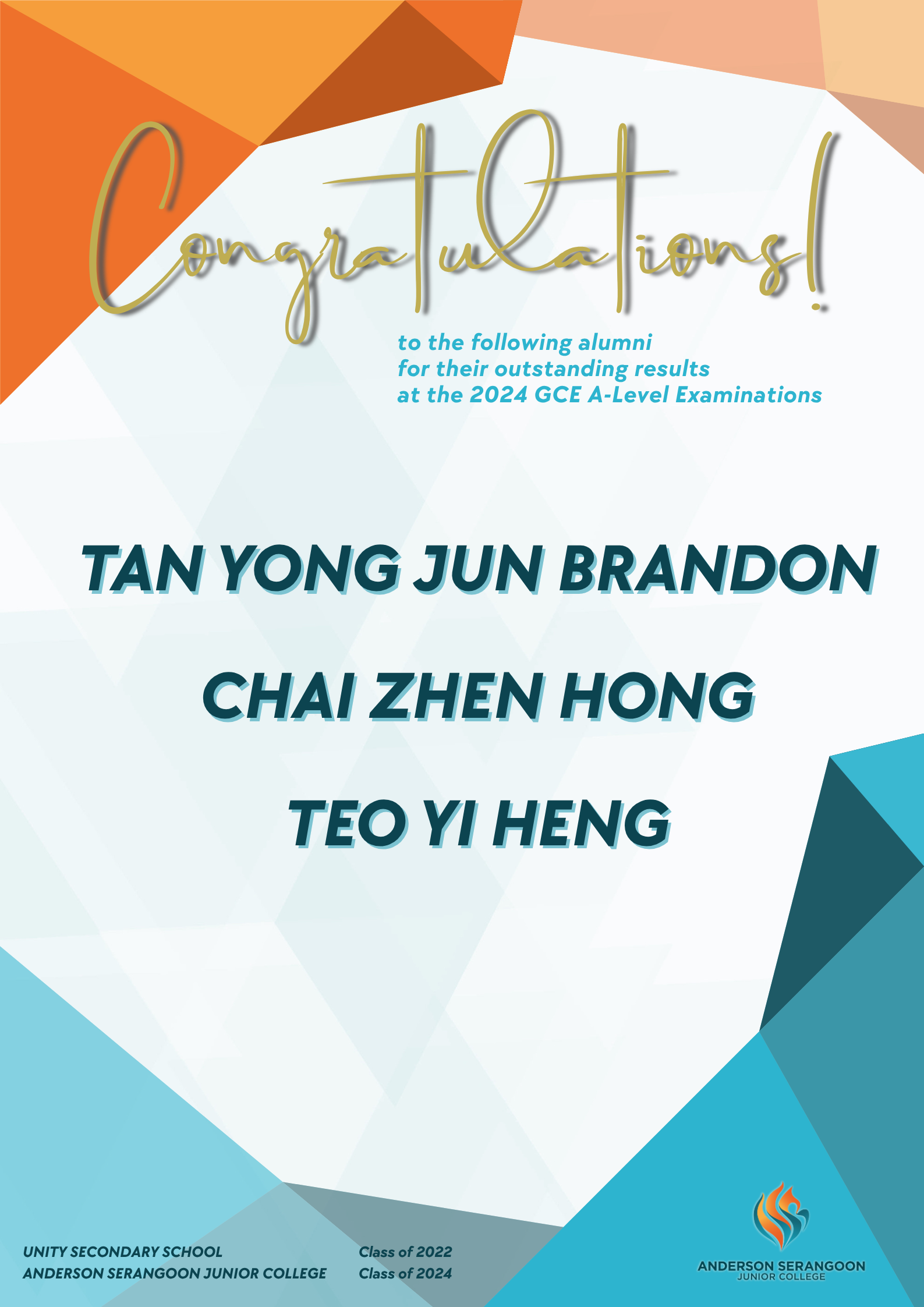 Congratulations poster from Anderson Serangoon Junior College honoring three alumni for outstanding 2024 GCE A-Level results.