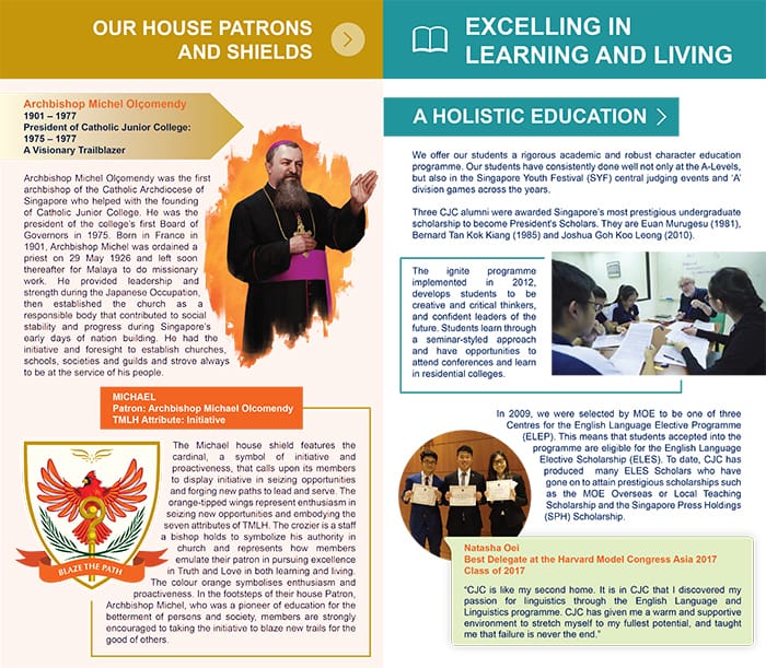 School newsletter page about house patrons, shields, and holistic education with text, a portrait, coat of arms, and student photos.