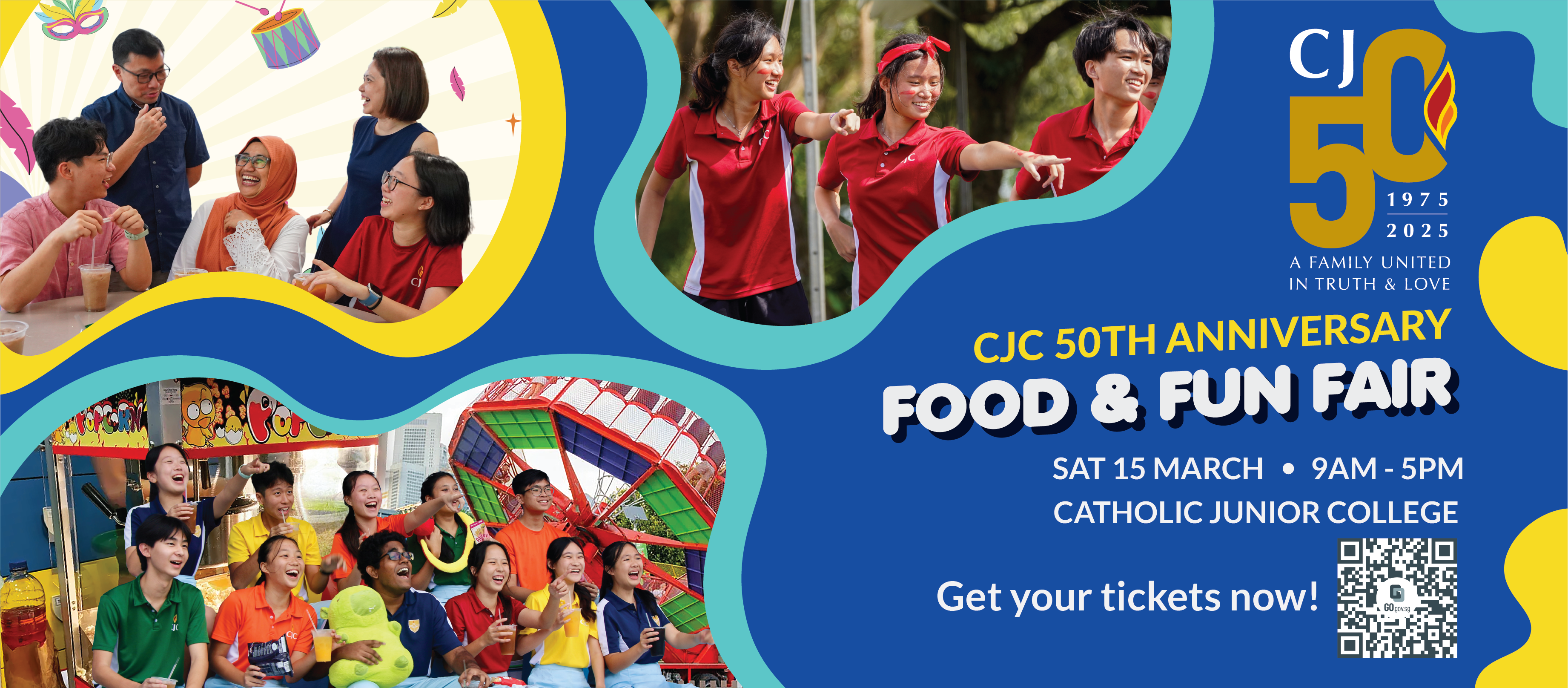 Poster for CJC 50th Anniversary Food & Fun Fair, 15 March 9am–5pm, with smiling groups and QR code.