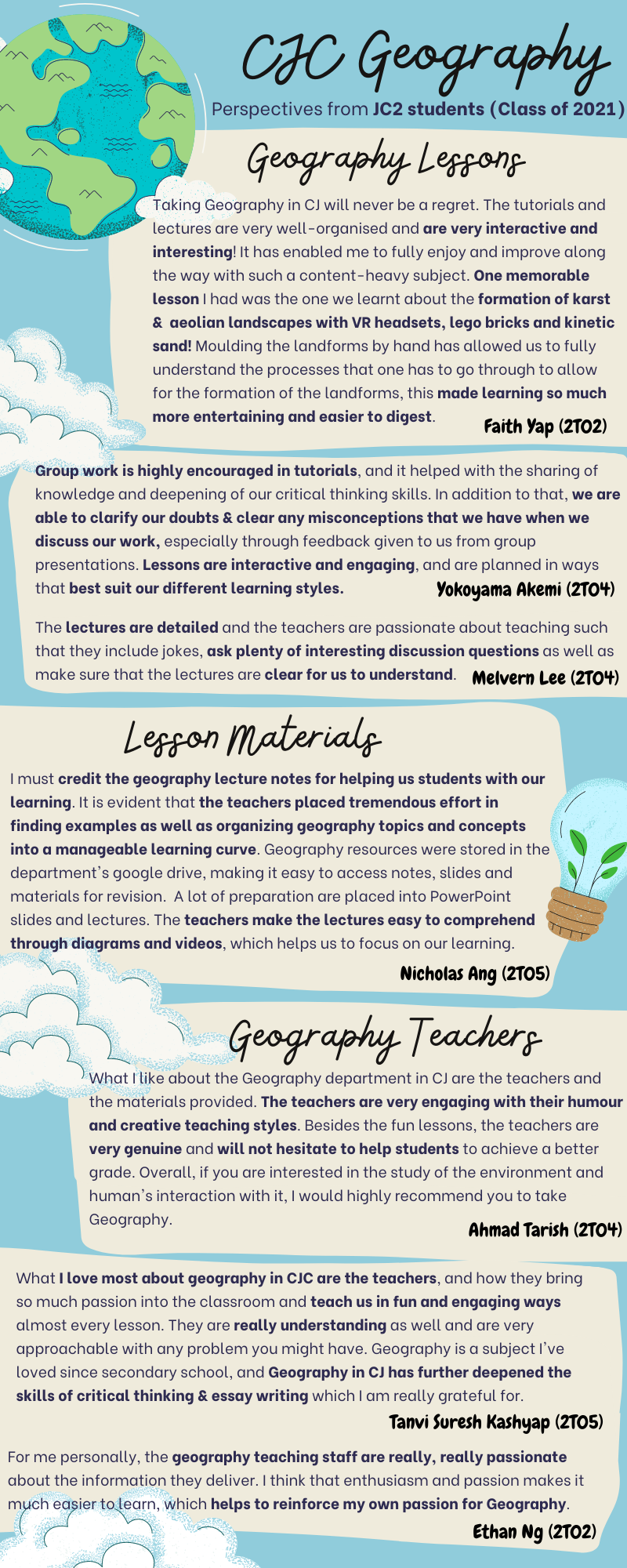 Flyer titled CJC Geography with student testimonials on lessons, materials, and teachers from Class of 2021.