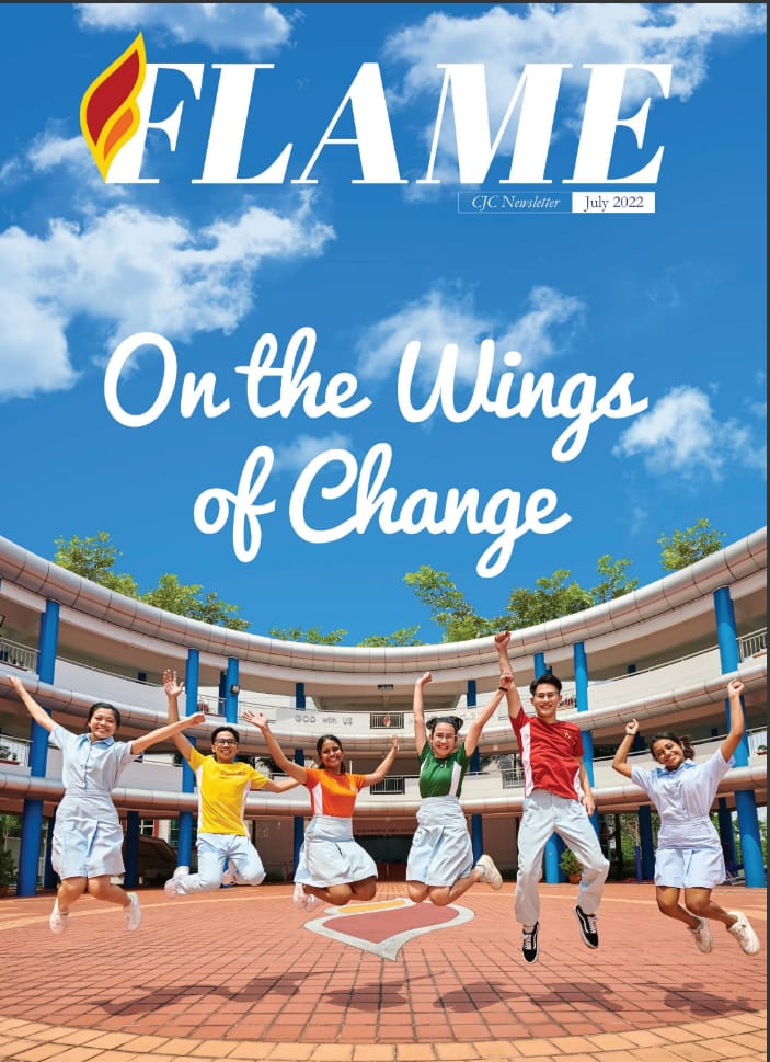 Cover of FLAME CJC Newsletter July 2022 showing six students jumping outdoors with text "On the Wings of Change."