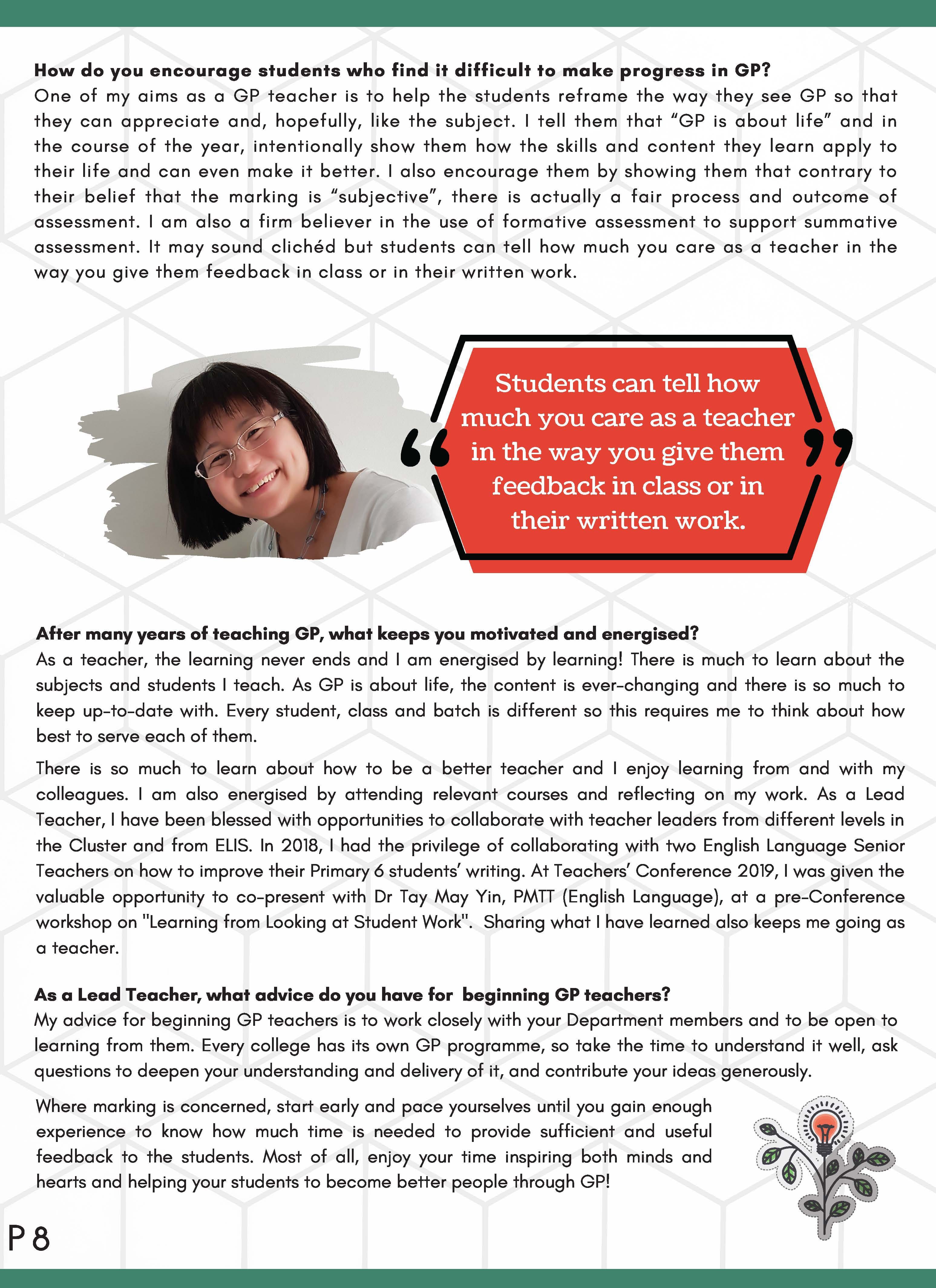 Page 8 of a newsletter with text about GP teaching, a photo of a smiling woman with glasses, and a red quote box.