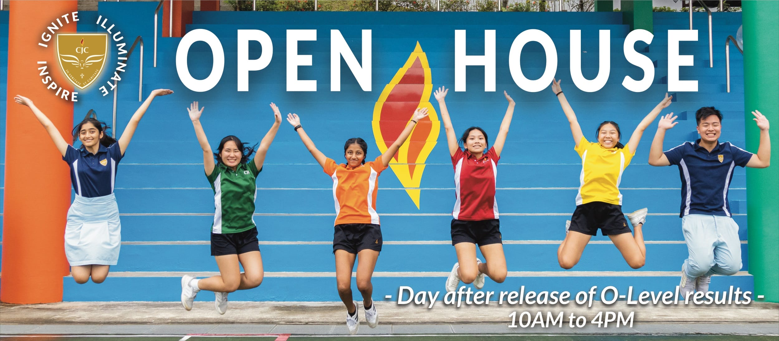 Six students in colorful uniforms jump with arms raised before a blue wall reading CJC Open House, 10AM to 4PM.