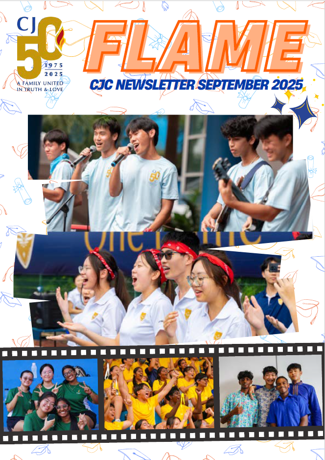 CJC Flame newsletter cover for September 2025 showing students performing, singing, and posing at school events.