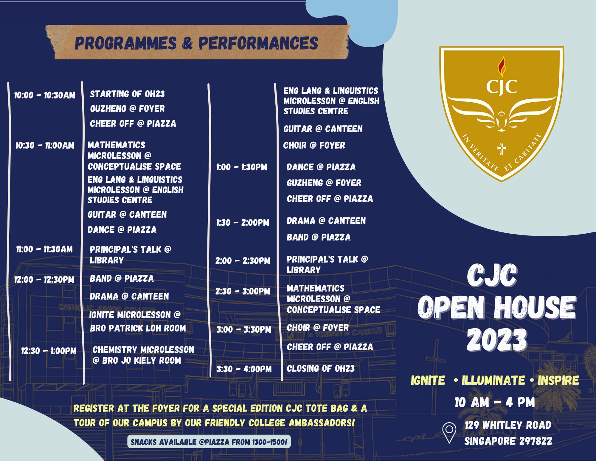 CJC Open House 2023 event schedule listing programmes and performances from 10am to 4pm at 129 Whitley Road, Singapore.