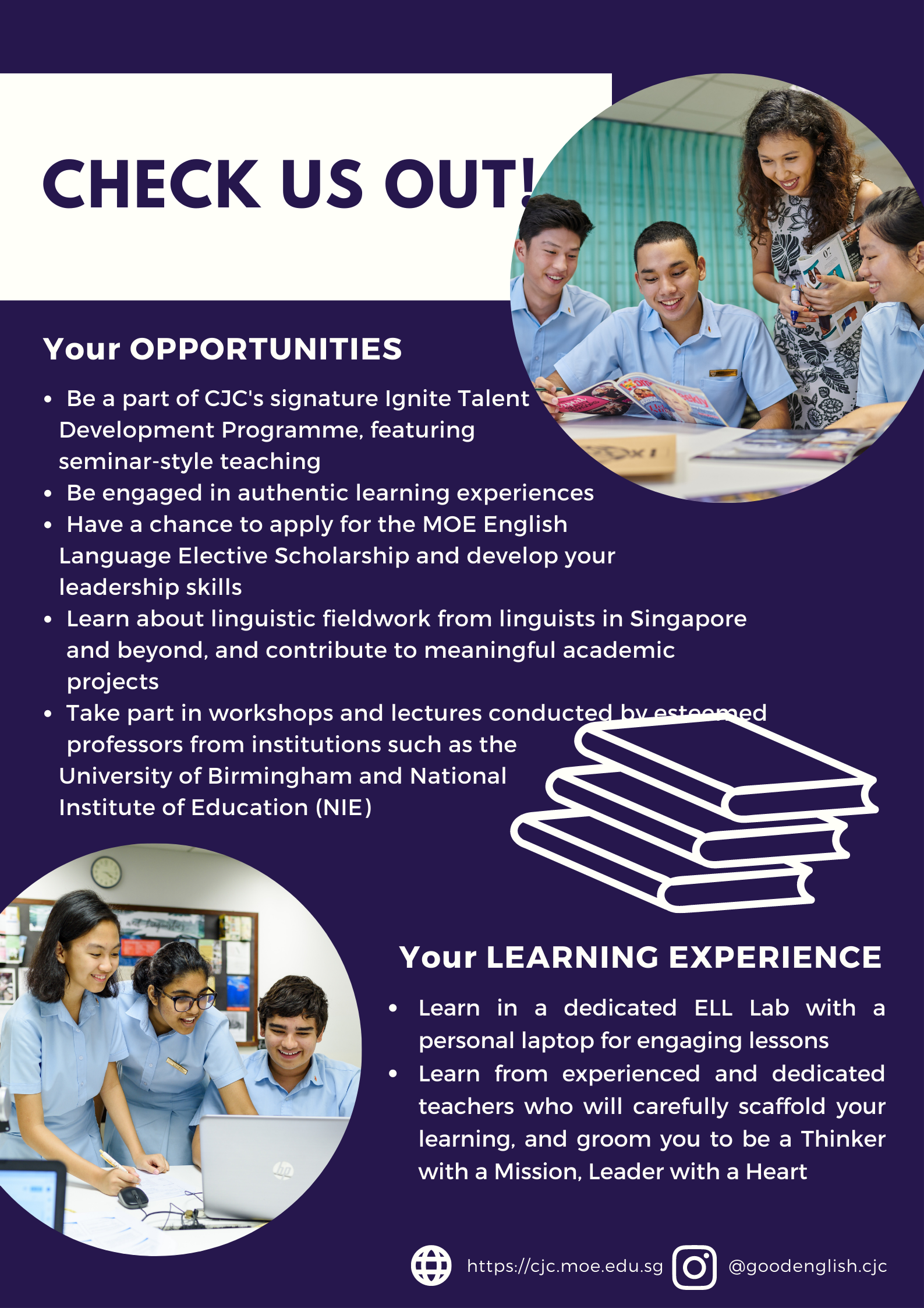 Promotional flyer for CJC school program with student photos, bullet points about opportunities and learning experiences.