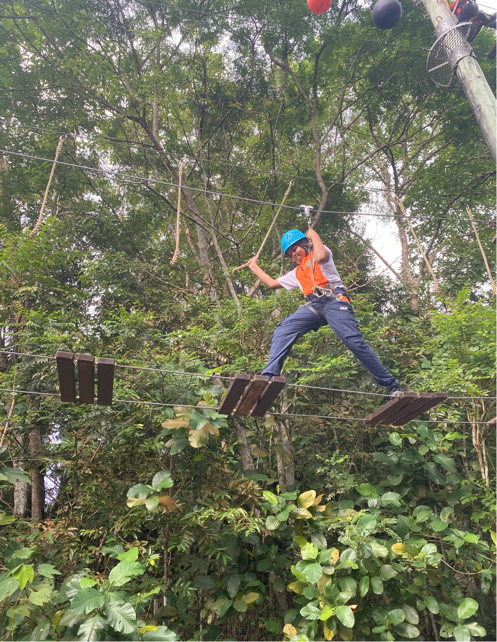A child in a blue helmet and orange vest balances on a wooden plank suspended by cables among trees.