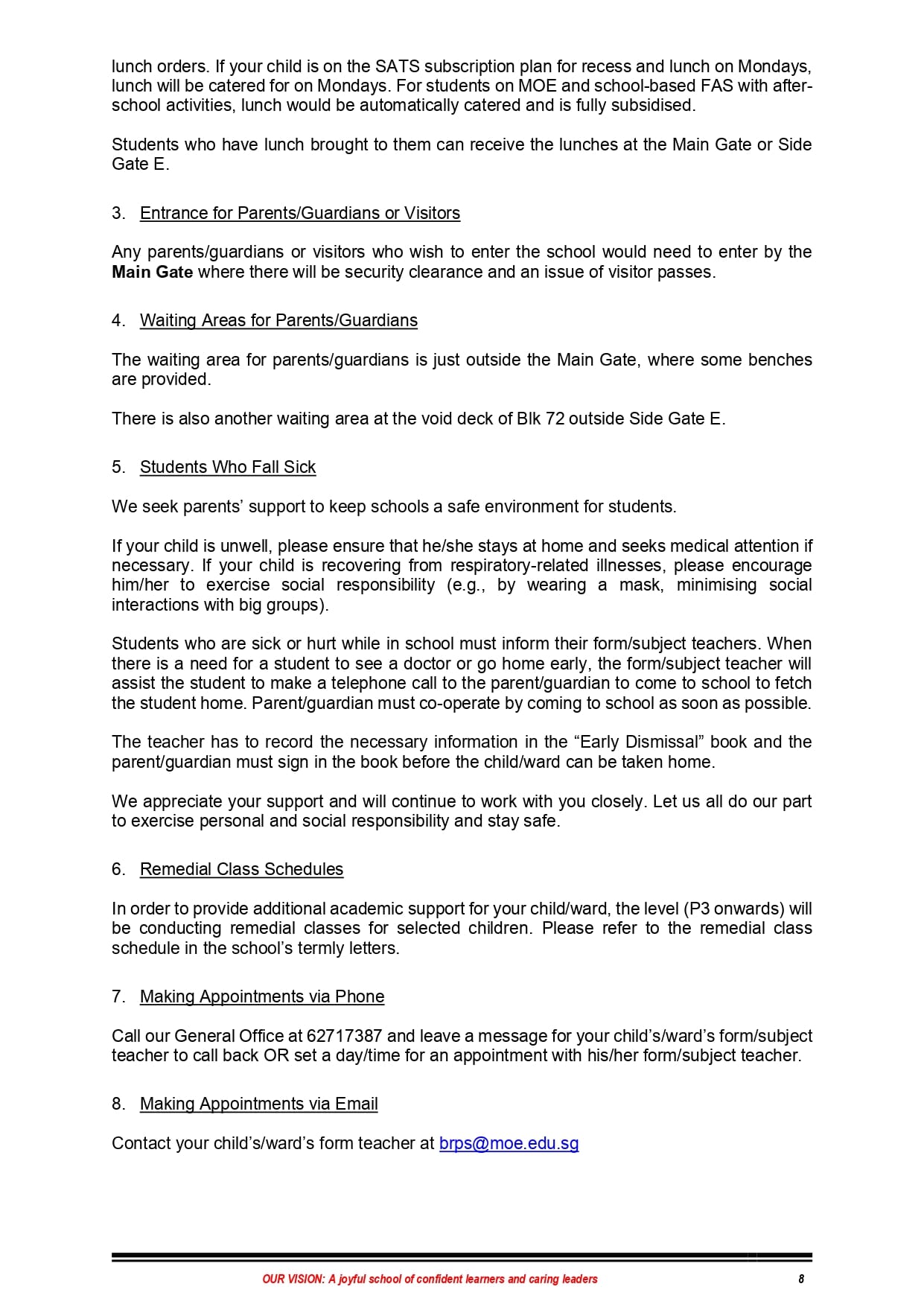 A school document page 8 with numbered sections covering entrance, waiting areas, sick students, remedial classes, and appointments.