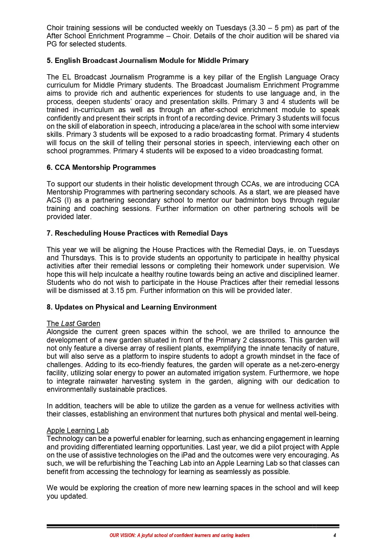 Page 4 of a school document with sections on journalism, CCA mentorship, house practices, and learning environment updates.