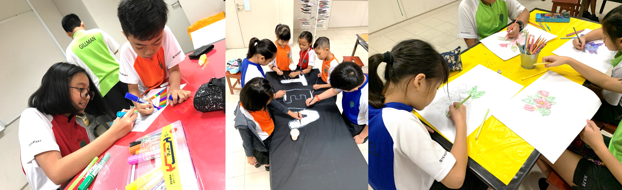 Three scenes of children doing art: using markers, drawing on black fabric, and coloring flower sketches on paper.