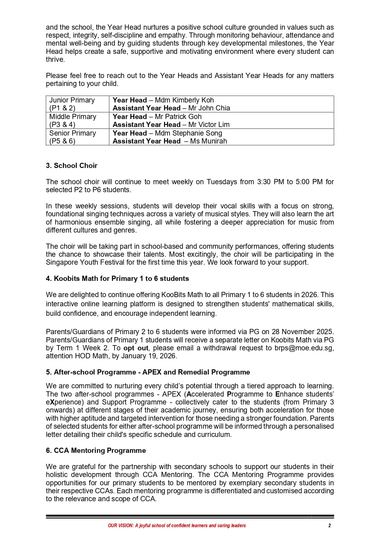 Page 2 of a school newsletter covering Year Heads, School Choir, KooBits Math, and after-school programmes.