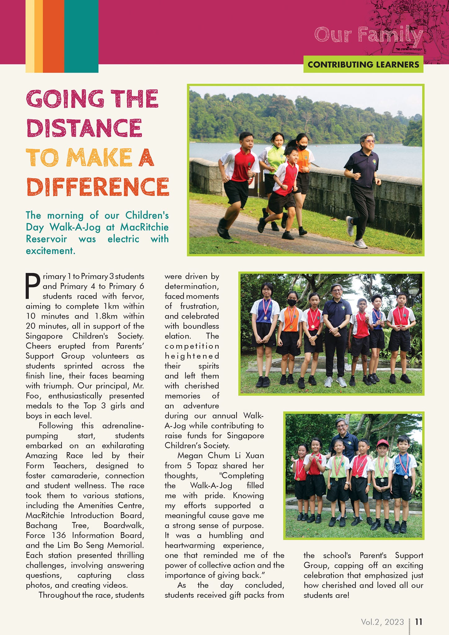 A school newsletter page showing students jogging outdoors and posing with medals at a Walk-A-Jog charity event.