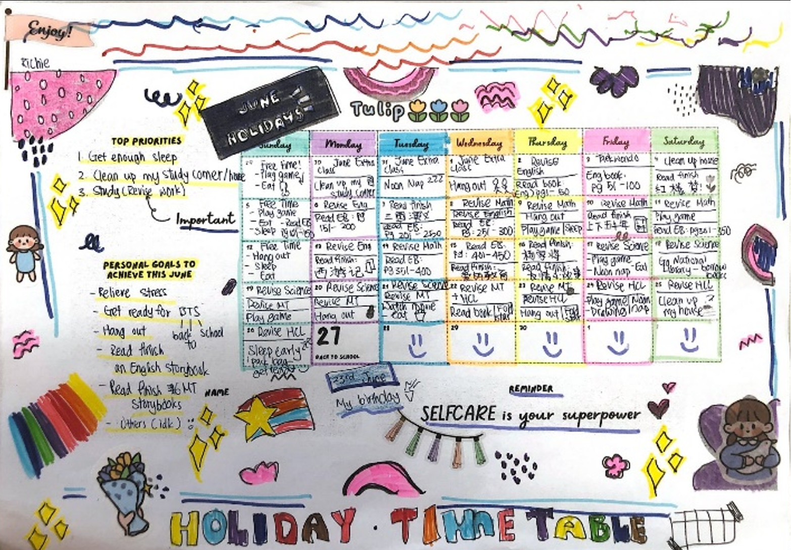 Colorful hand-drawn June holiday timetable with goals, a weekly calendar, doodles, and the phrase "selfcare is your superpower."