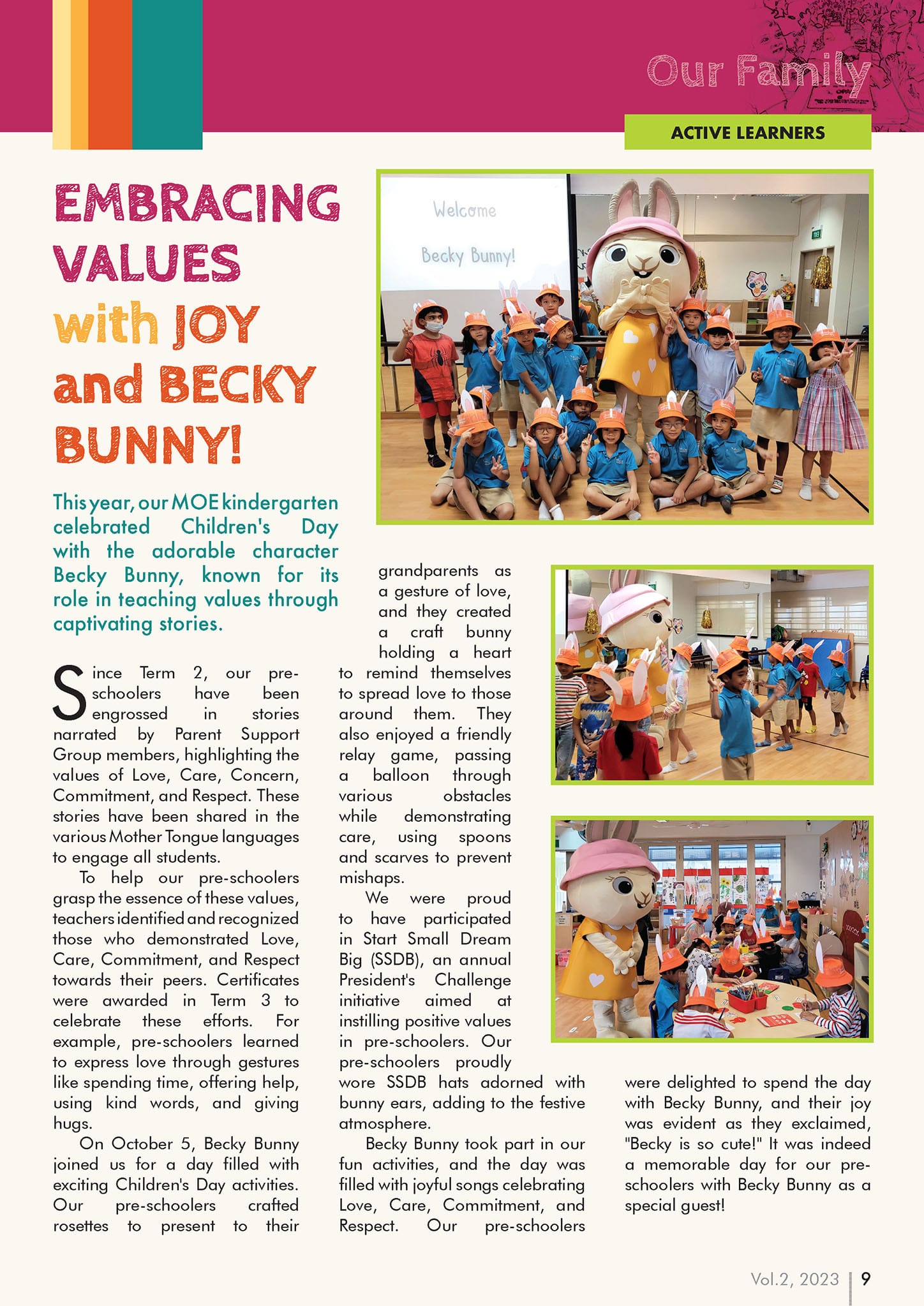 A kindergarten newsletter page showing children in orange hats posing with a large Becky Bunny mascot character.
