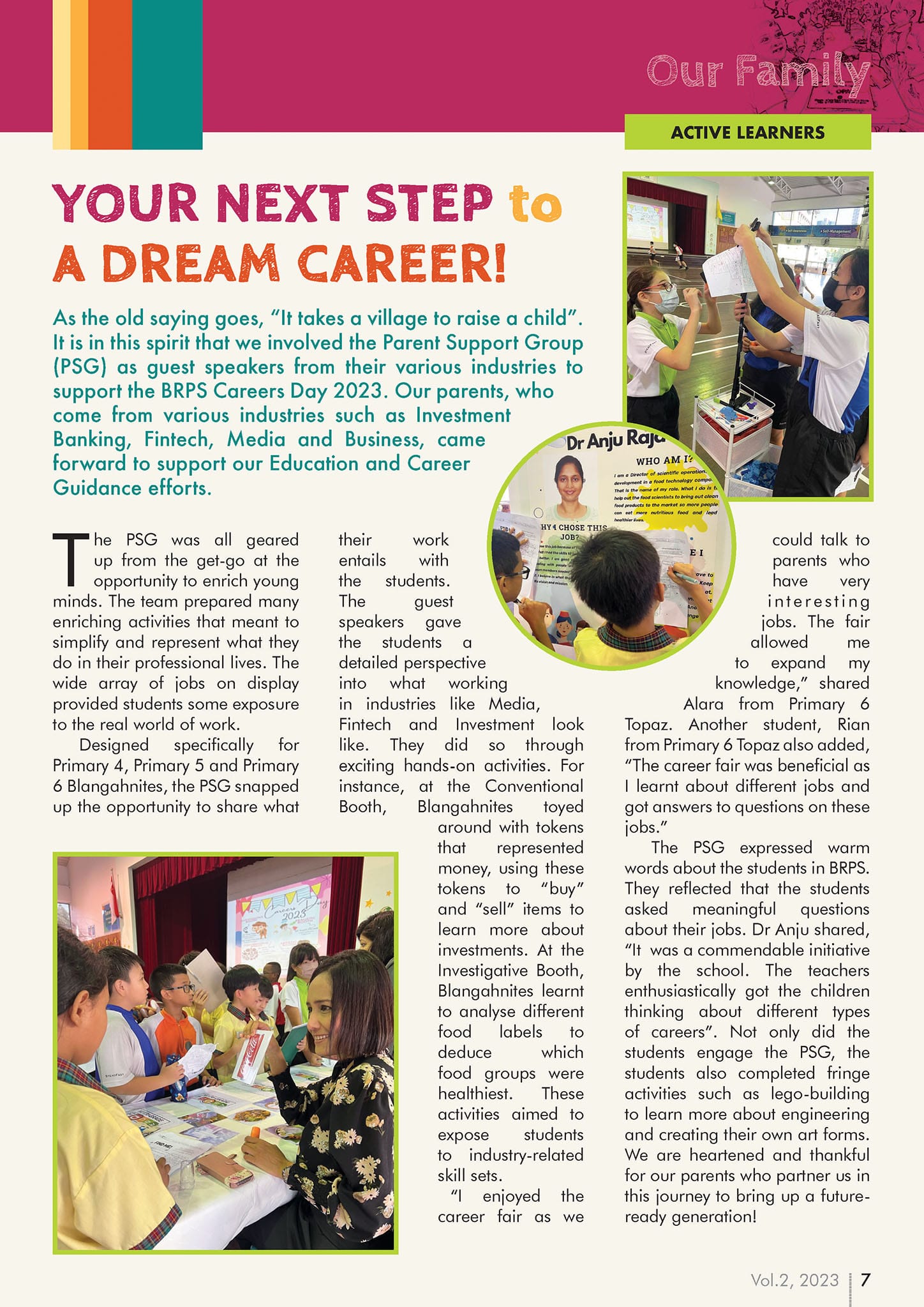Newsletter page titled "Your Next Step to a Dream Career" showing students at a school careers day event.