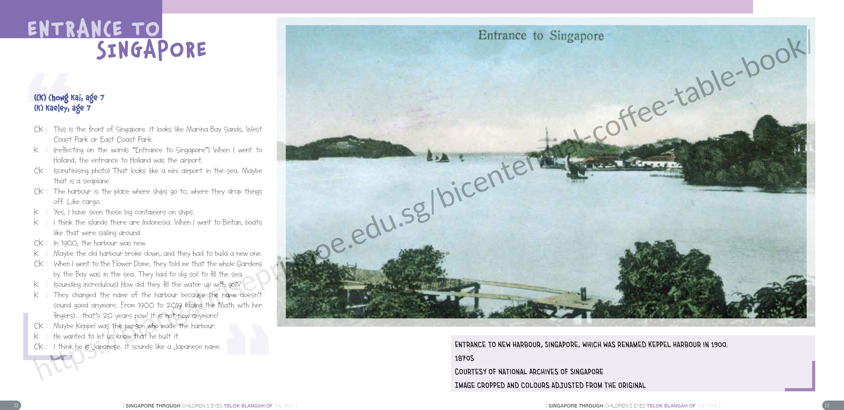 Old colorized photo from 1870s showing Singapore's New Harbour with sailing vessels, calm water, and tree-lined shores.