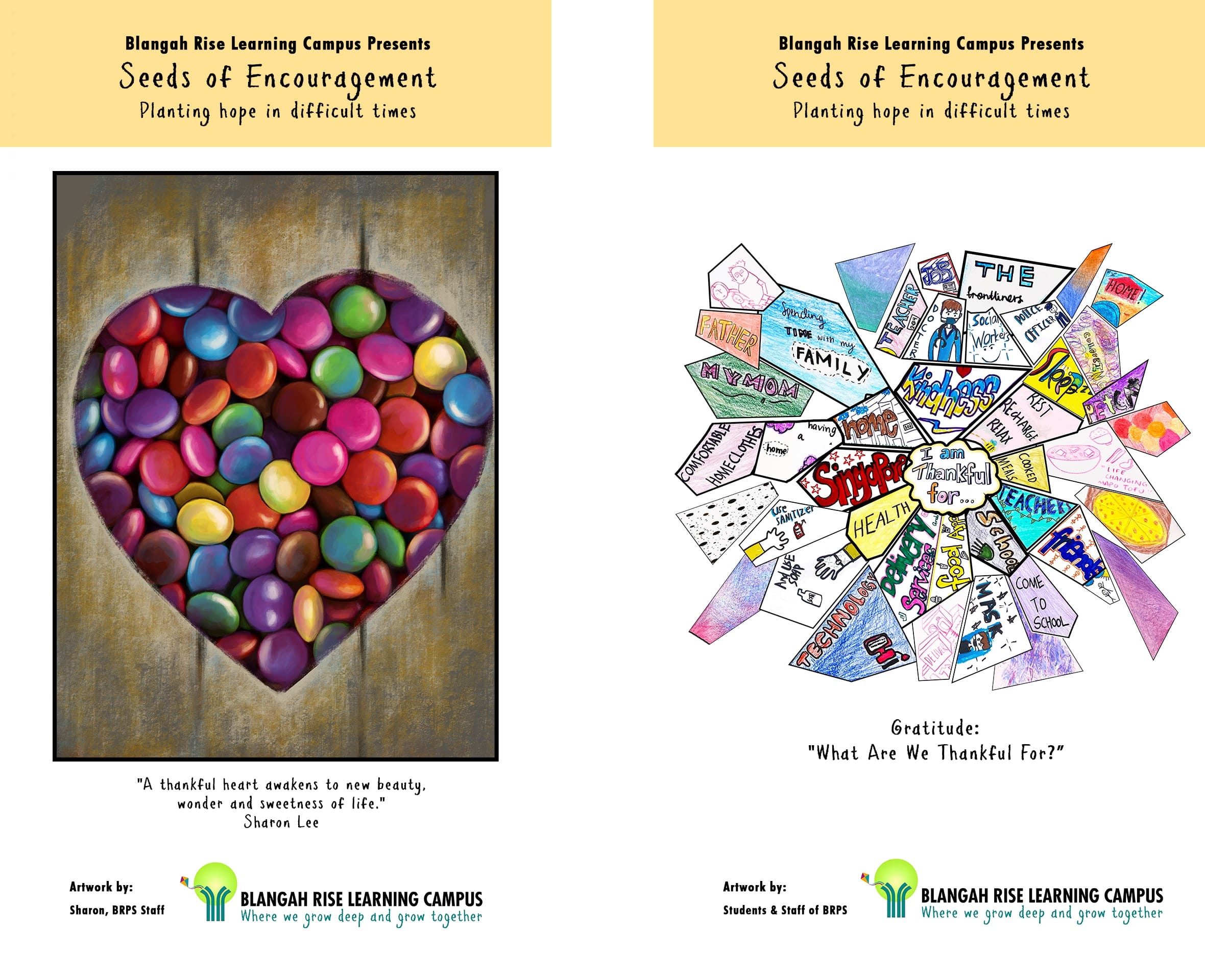 Two posters titled Seeds of Encouragement showing a heart filled with colorful candies and a gratitude collage with student drawings.