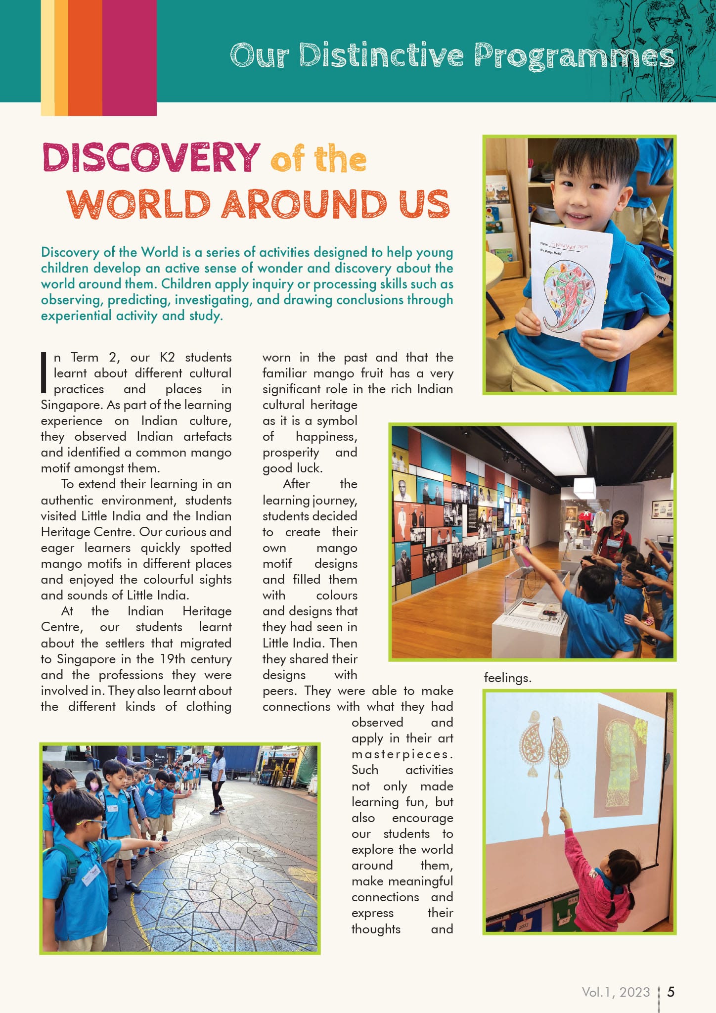 Newsletter page titled "Discovery of the World Around Us" with photos of young students on a cultural field trip.