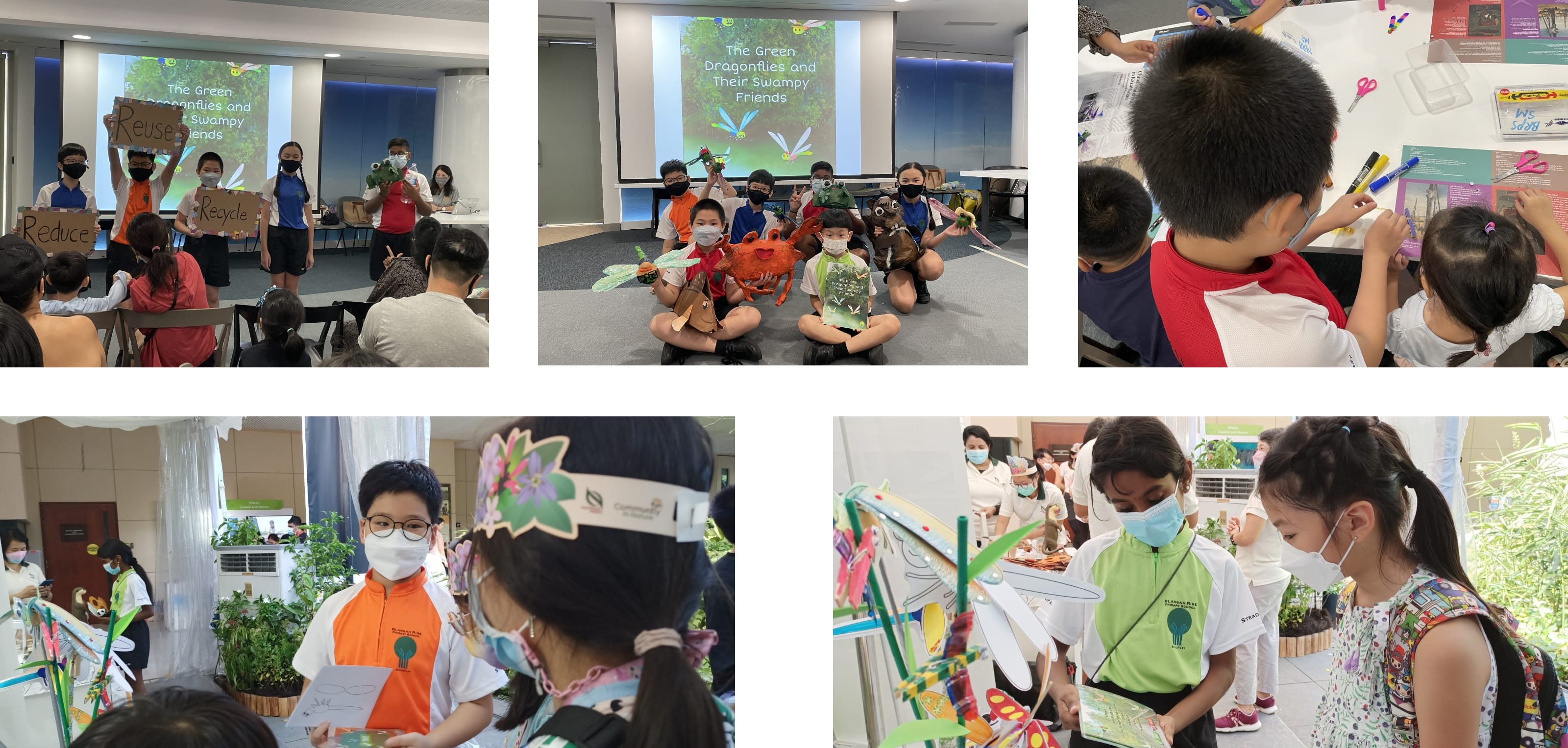 Children in masks participate in a green-themed school event with puppets, crafts, and reduce-reuse-recycle signs.