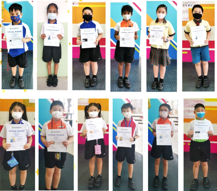 Twelve masked children in school uniforms each holding a Virtues Award certificate in a colorful school setting.