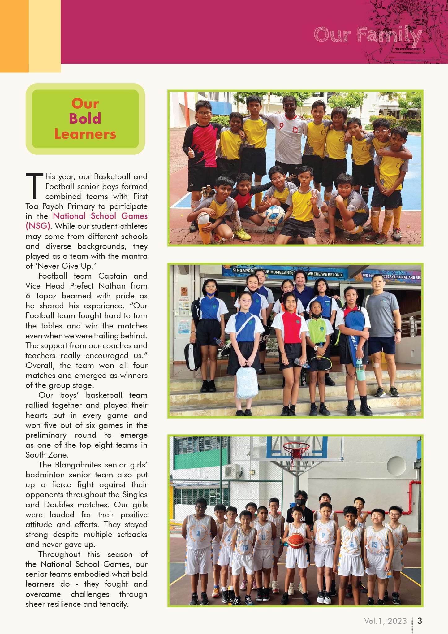 School newsletter page showing three group photos of student sports teams for football, badminton, and basketball.