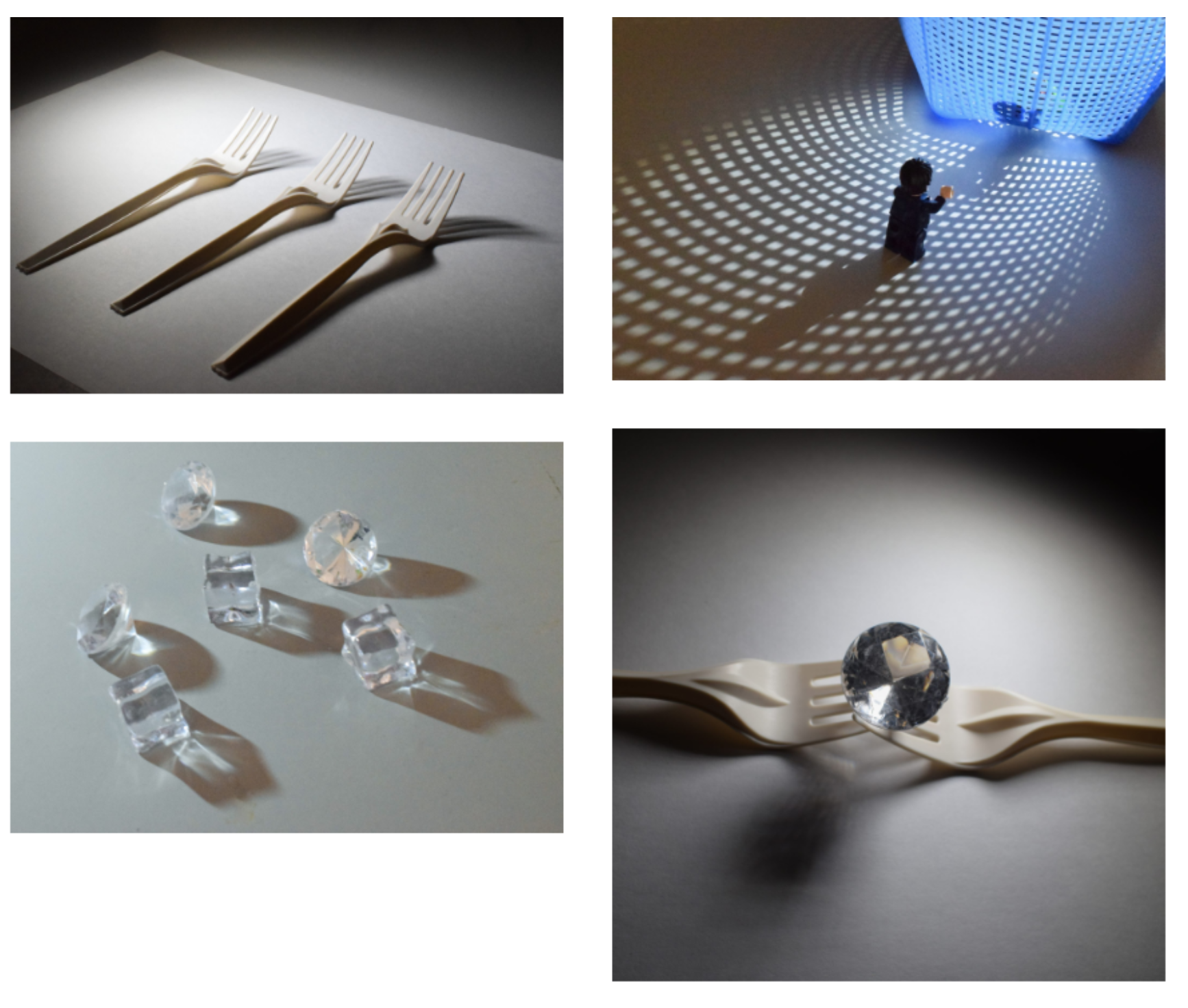 Four panels: forks casting shadows, a toy figure amid grid light patterns, crystal pieces, and a gem resting on fork tines.