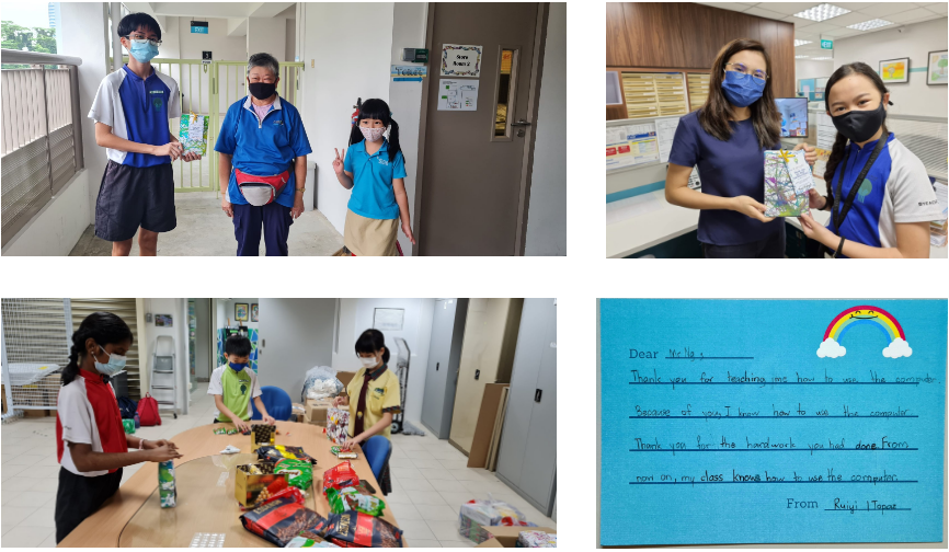 Four photos showing masked students and teachers exchanging gifts and a handwritten thank-you note on blue paper with a rainbow.