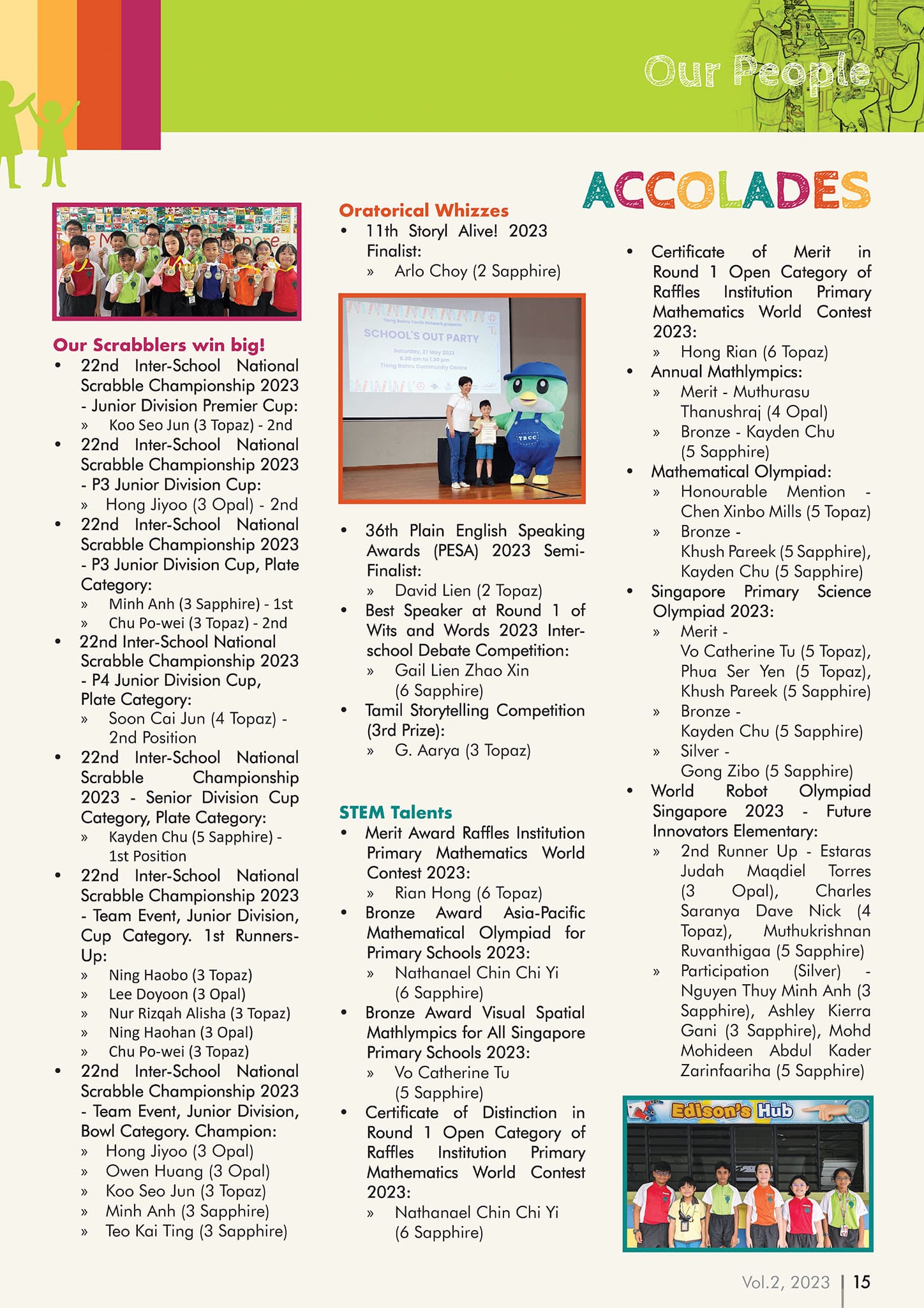 School newsletter page titled Accolades listing student achievements in competitions and events for 2023.