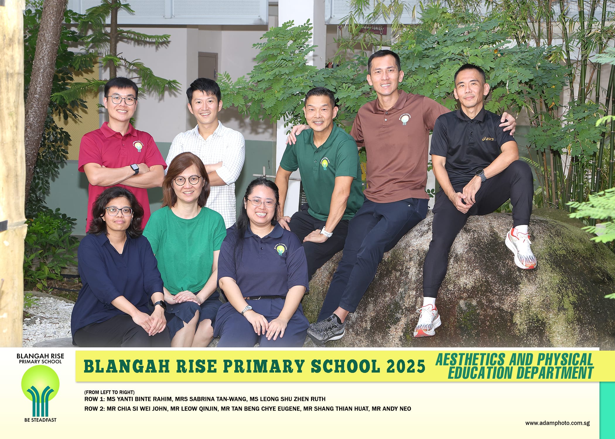 Seven staff pose outdoors by greenery and a boulder; bottom banner reads Blangah Rise Primary School 2025.
