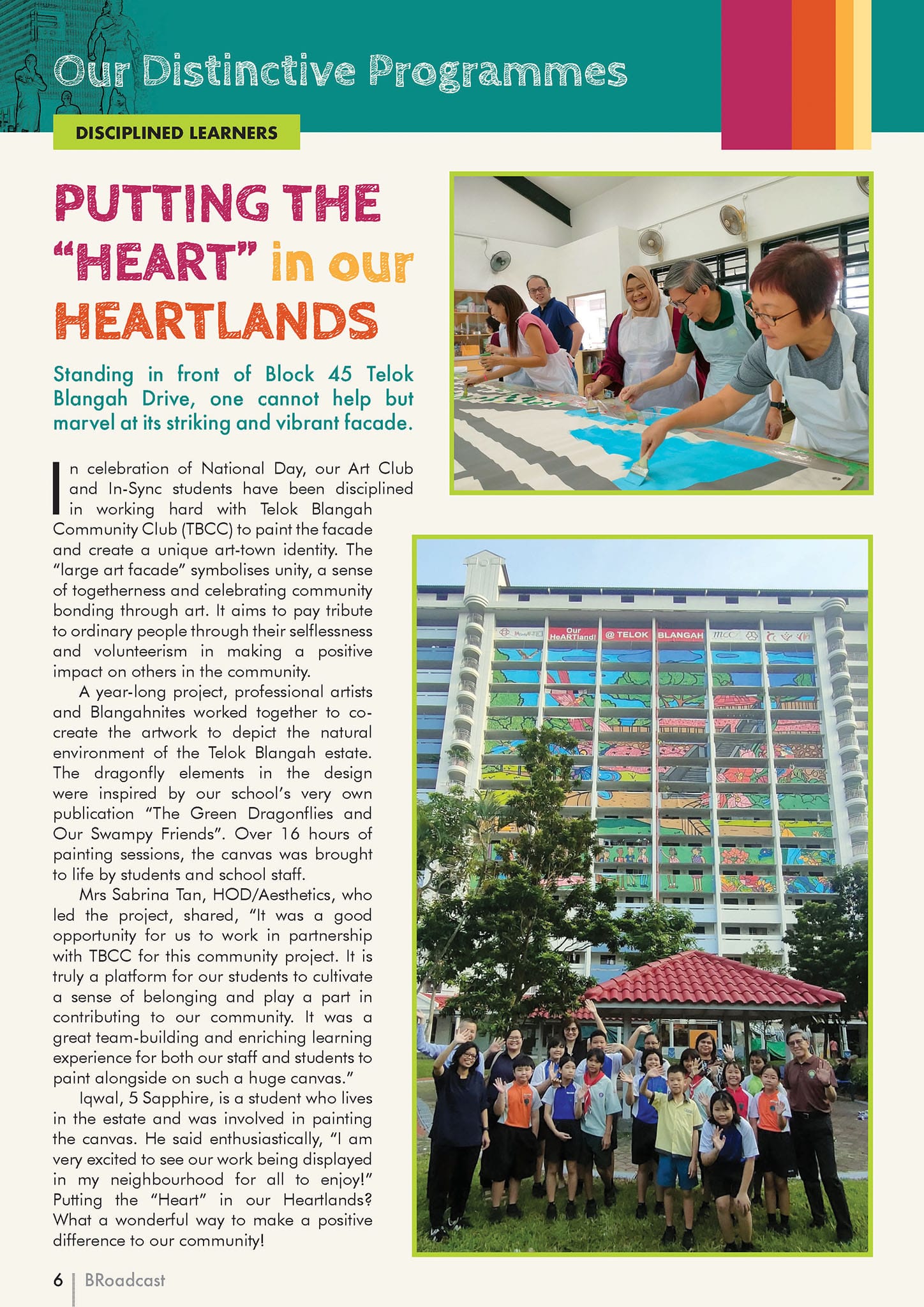 Magazine page showing adults painting a large mural and a group of students posing before a colorful building facade.