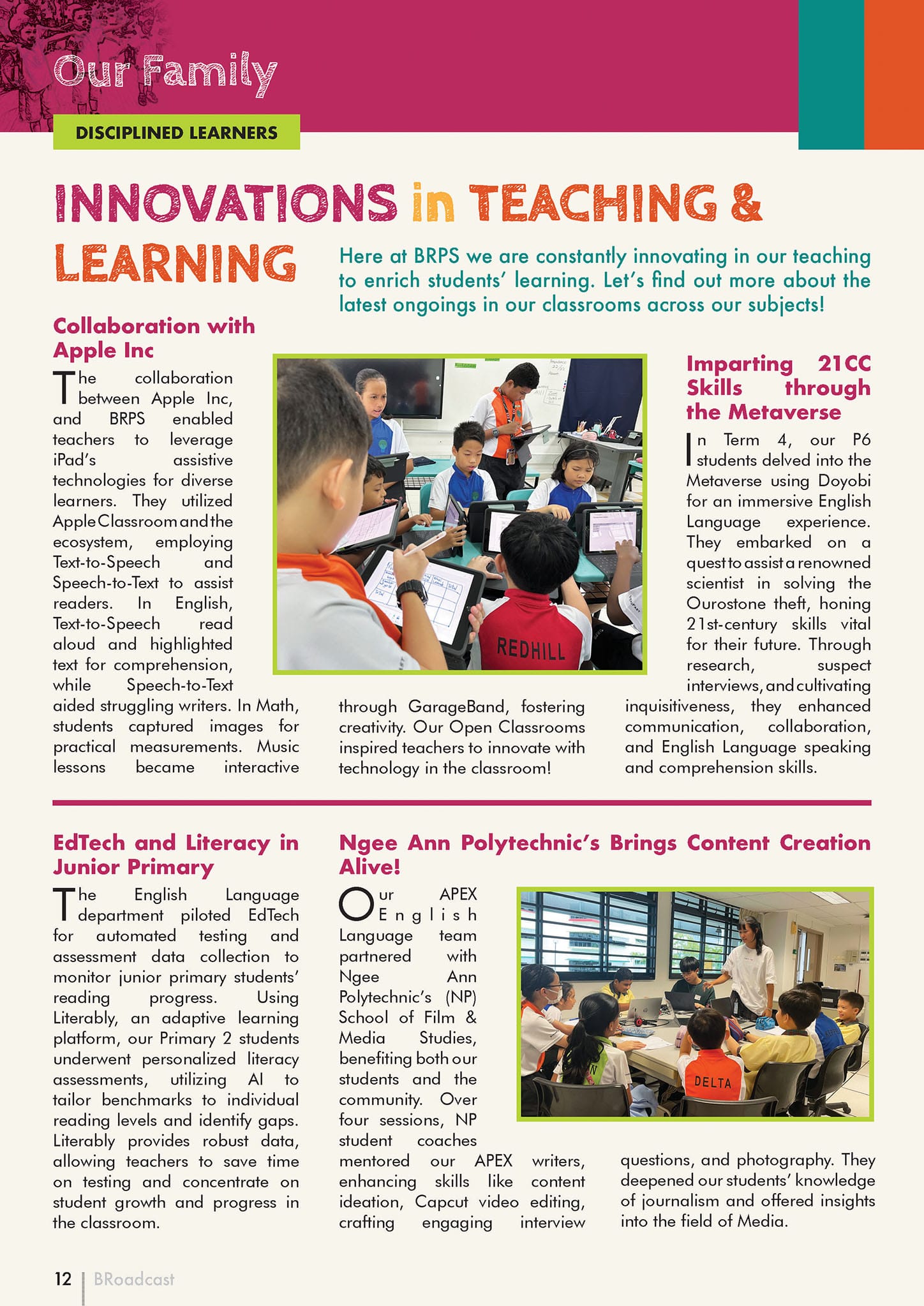 A school newsletter page titled Innovations in Teaching and Learning with text columns and photos of students using tablets.