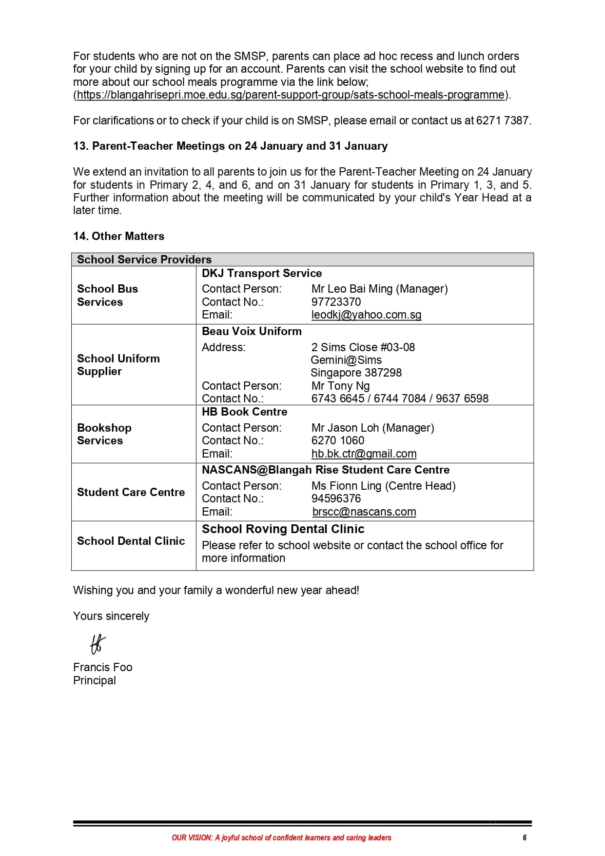 School newsletter page 6 listing service providers, Parent-Teacher Meeting dates, and signed by Principal Francis Foo.