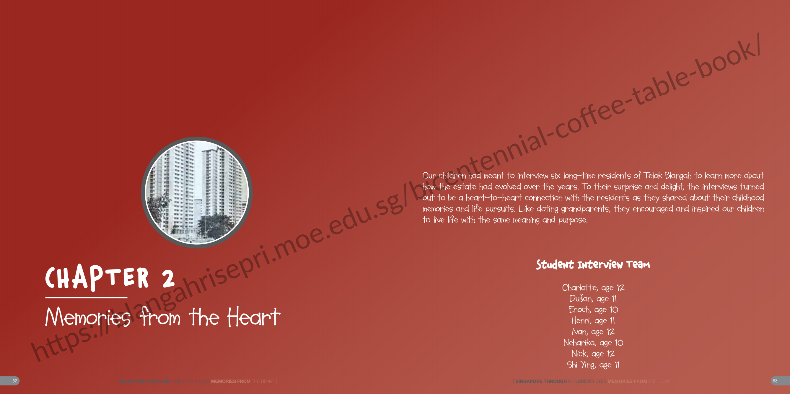 Red book spread showing Chapter 2 titled Memories from the Heart with a circular photo of tall residential buildings.