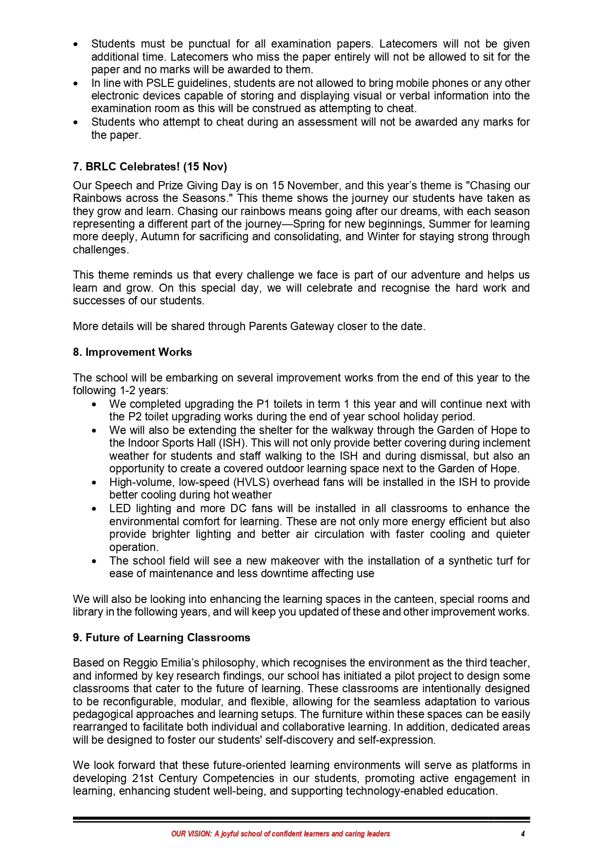 Page 4 of a school newsletter with sections on exam rules, BRLC Celebrates, Improvement Works, and Future of Learning Classrooms.