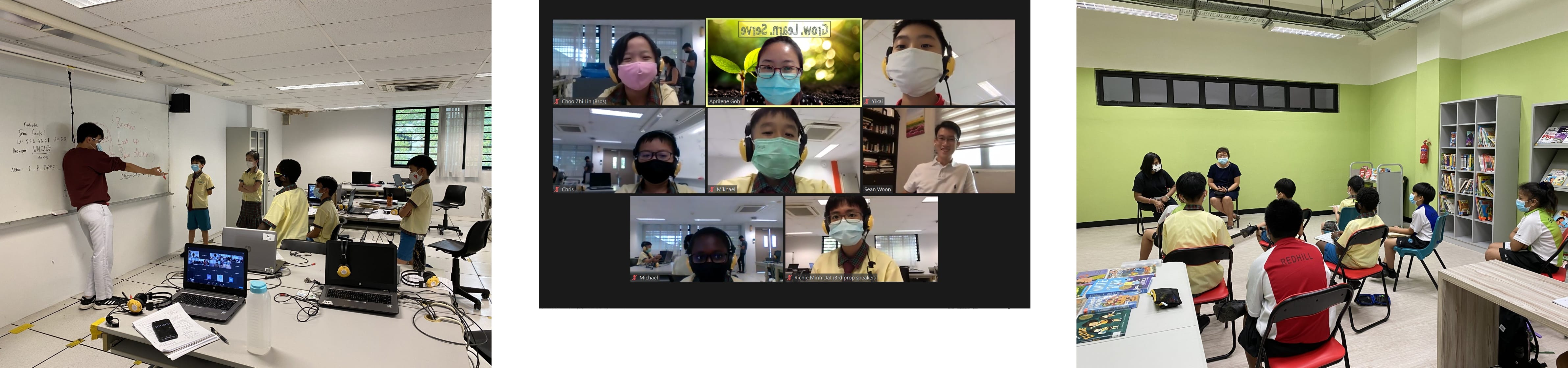 Three scenes of masked students in a classroom, a video call grid with seven participants, and a group in a library room.