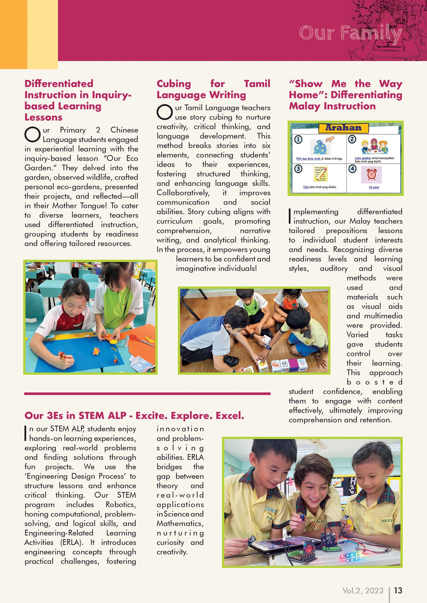 A school newsletter page titled "Our Family" featuring articles and photos of students doing hands-on learning activities.