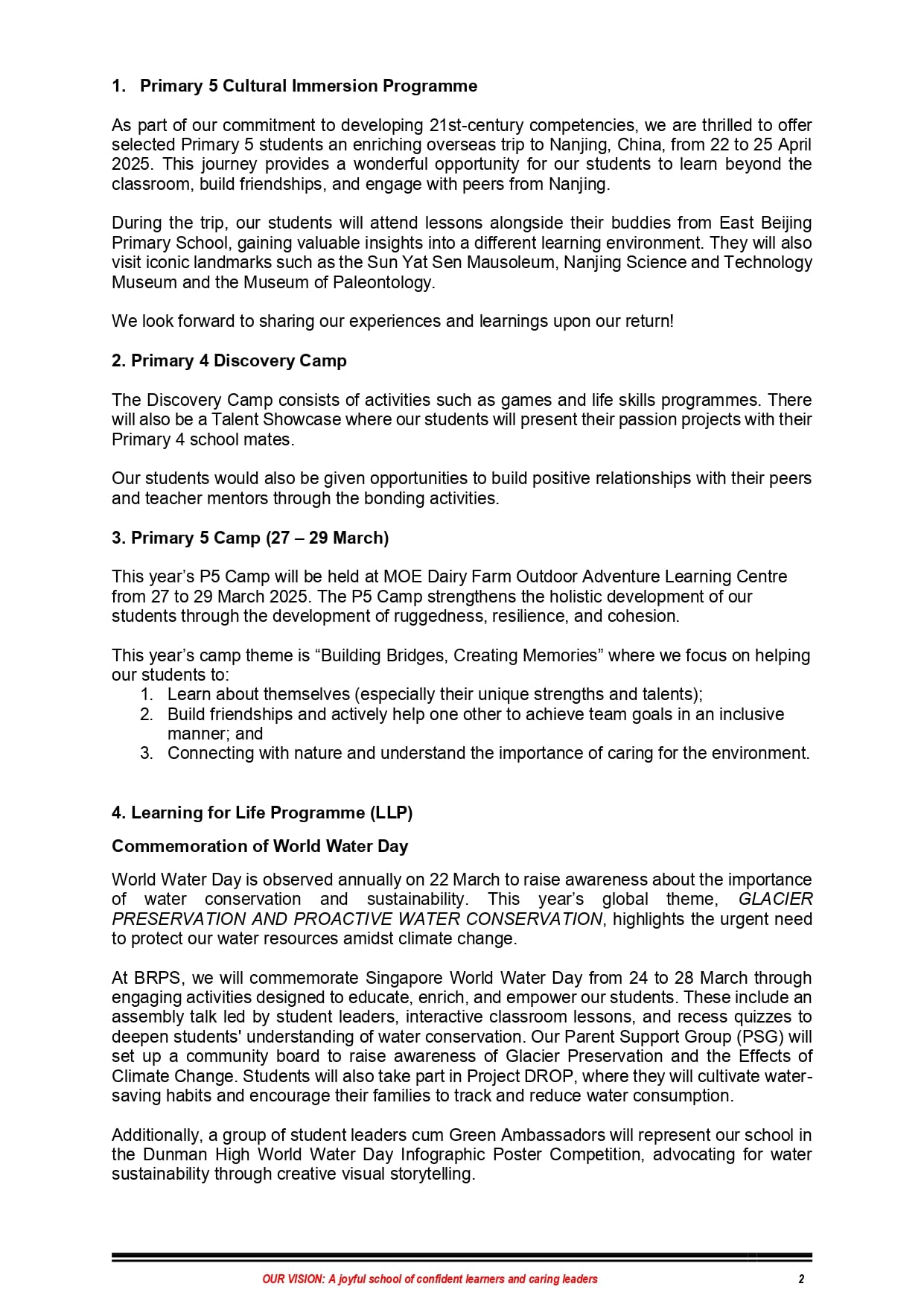 Page 2 of a school newsletter describing student programmes including cultural trips, camps, and World Water Day activities.