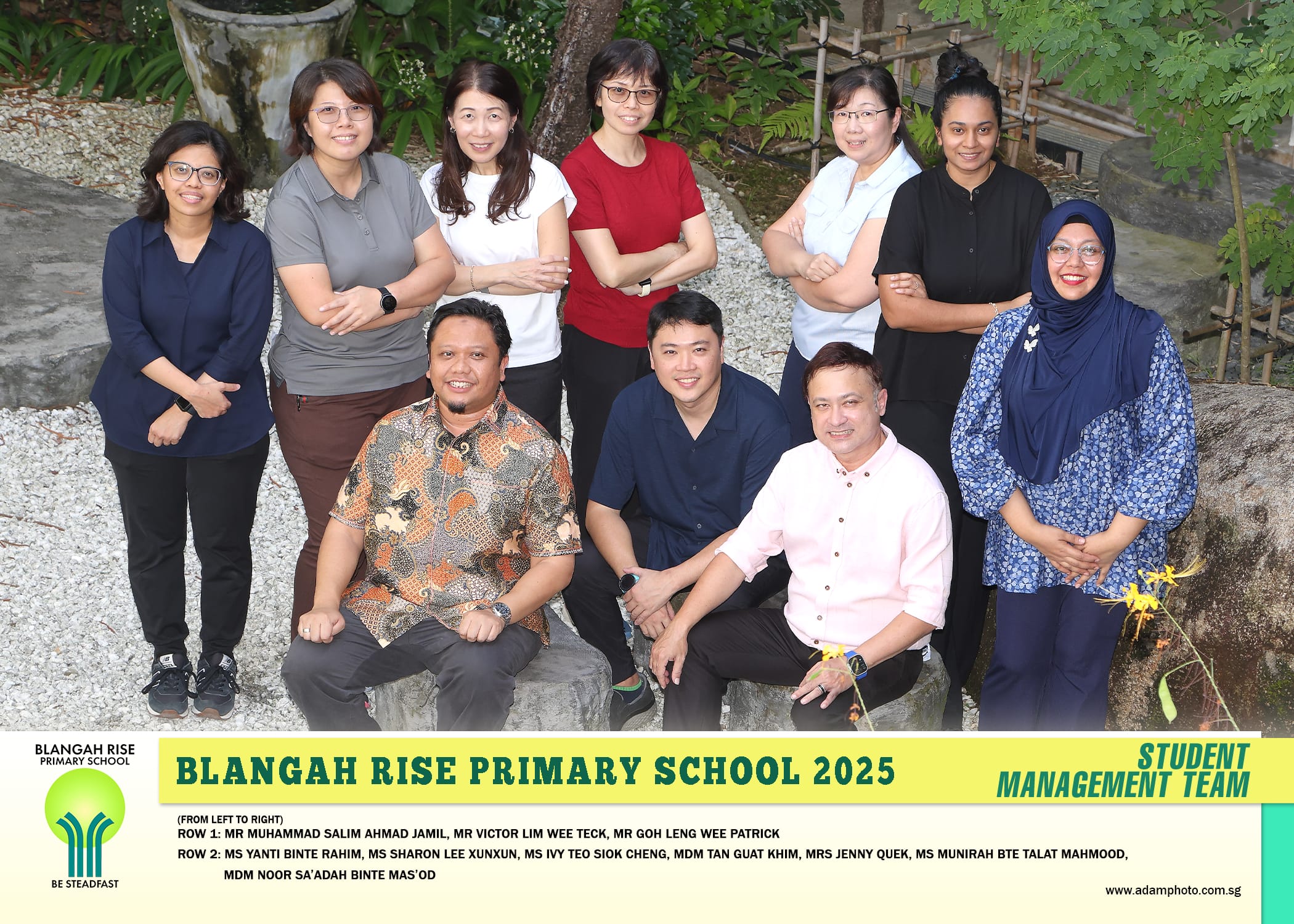 Nine staff pose outdoors in two rows; banner reads Blangah Rise Primary School 2025 Student Management Team.