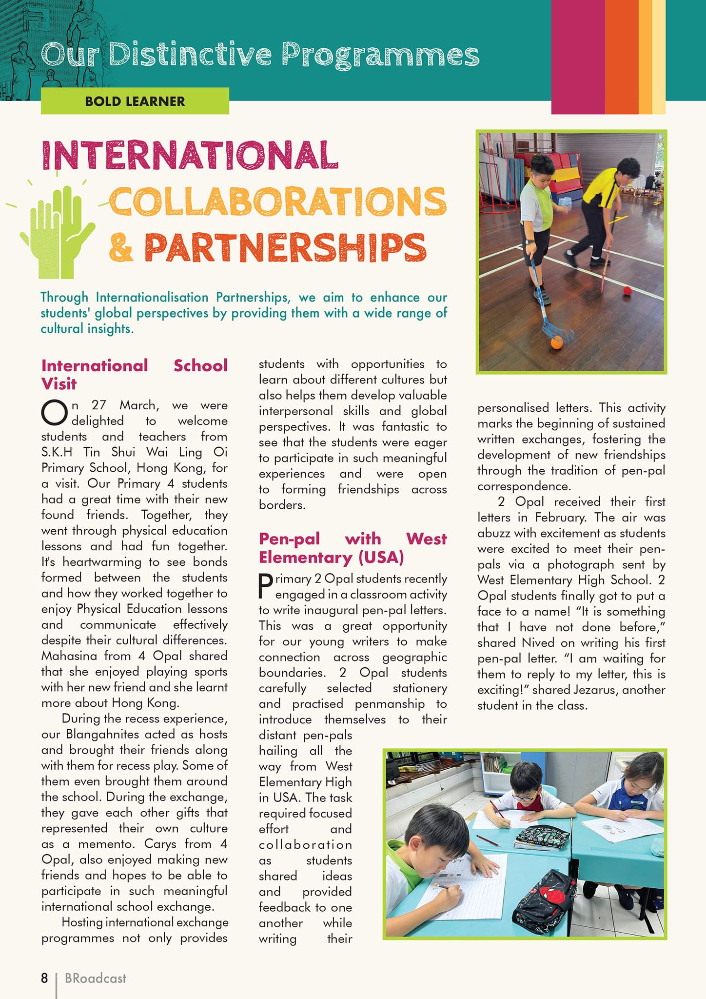 School newsletter page titled International Collaborations and Partnerships showing students playing sports and writing letters.