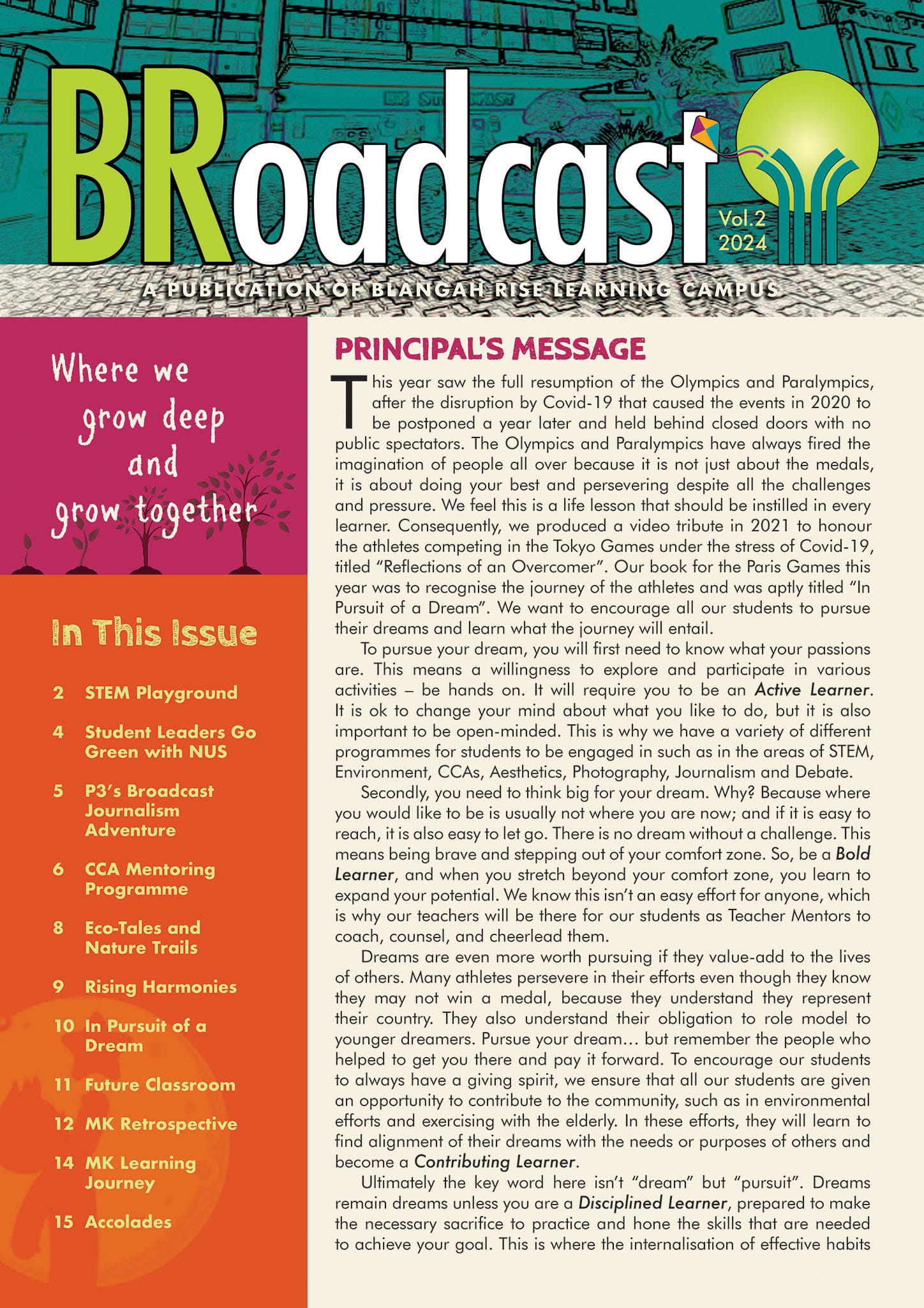 Cover of BRoadcast Vol.2 2024, a school newsletter from Blangah Rise Learning Campus, with table of contents.