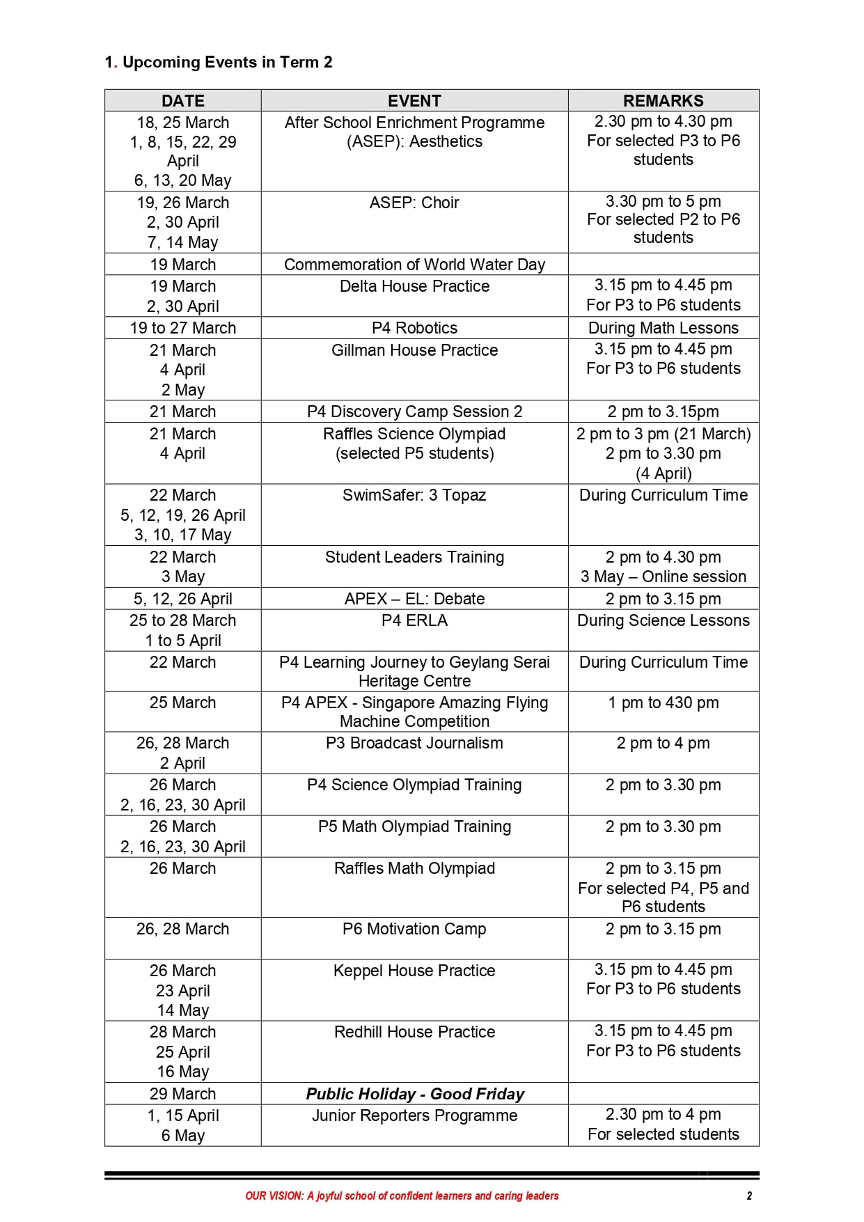 Table listing upcoming school events for Term 2 with dates, event names, and remarks including times and student levels.