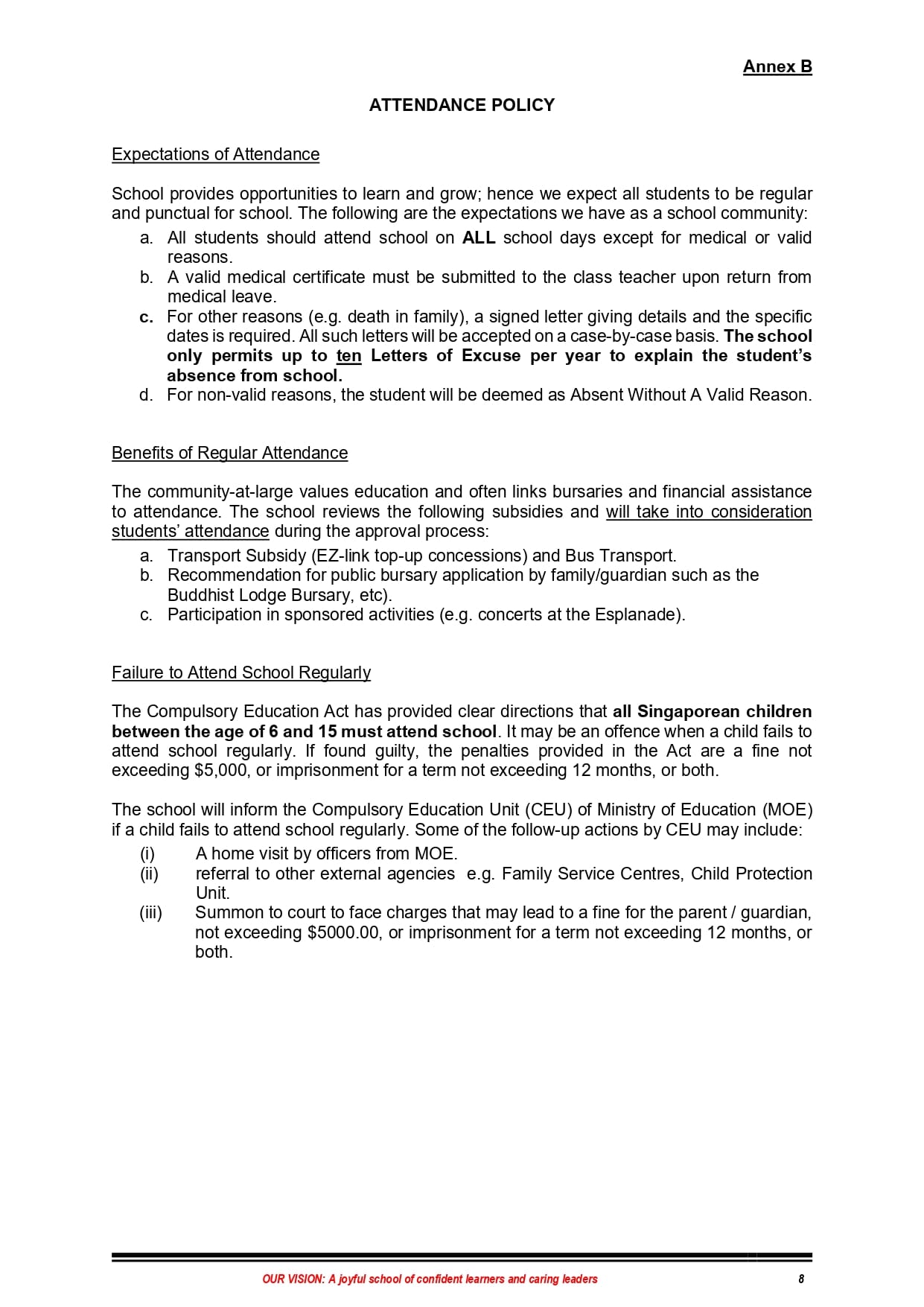 Annex B school attendance policy document covering expectations, benefits of attendance, and failure to attend regularly.