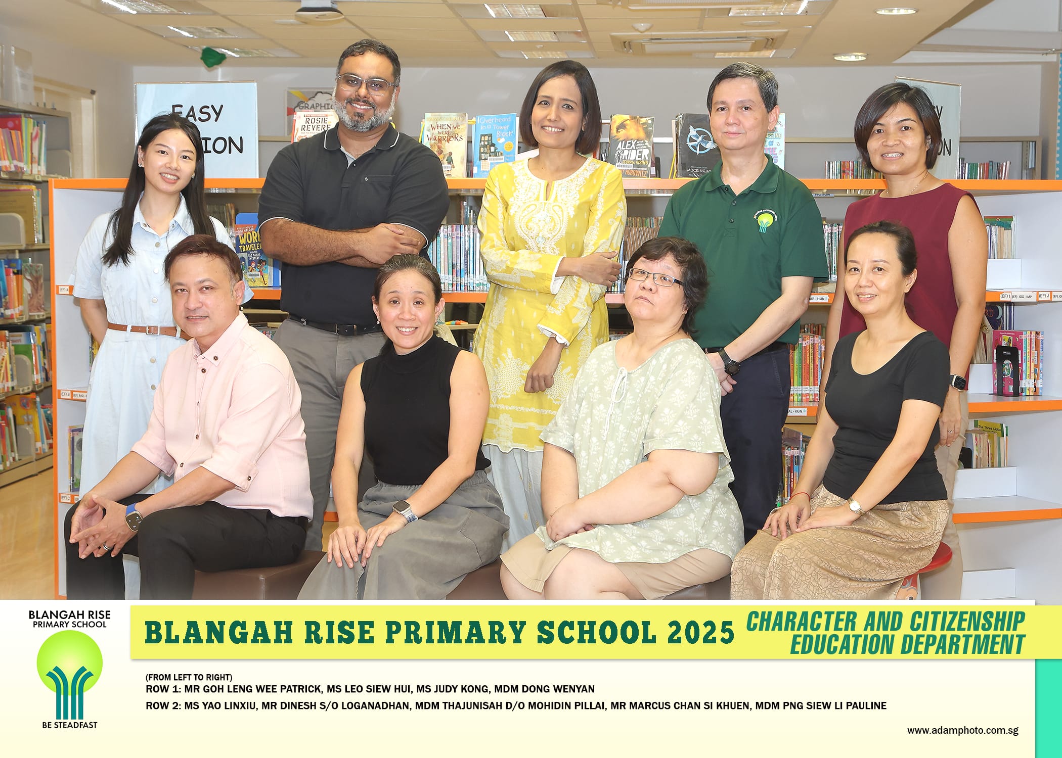 Group photo of nine Blangah Rise Primary School staff in a library for the 2025 Character and Citizenship Education Department.
