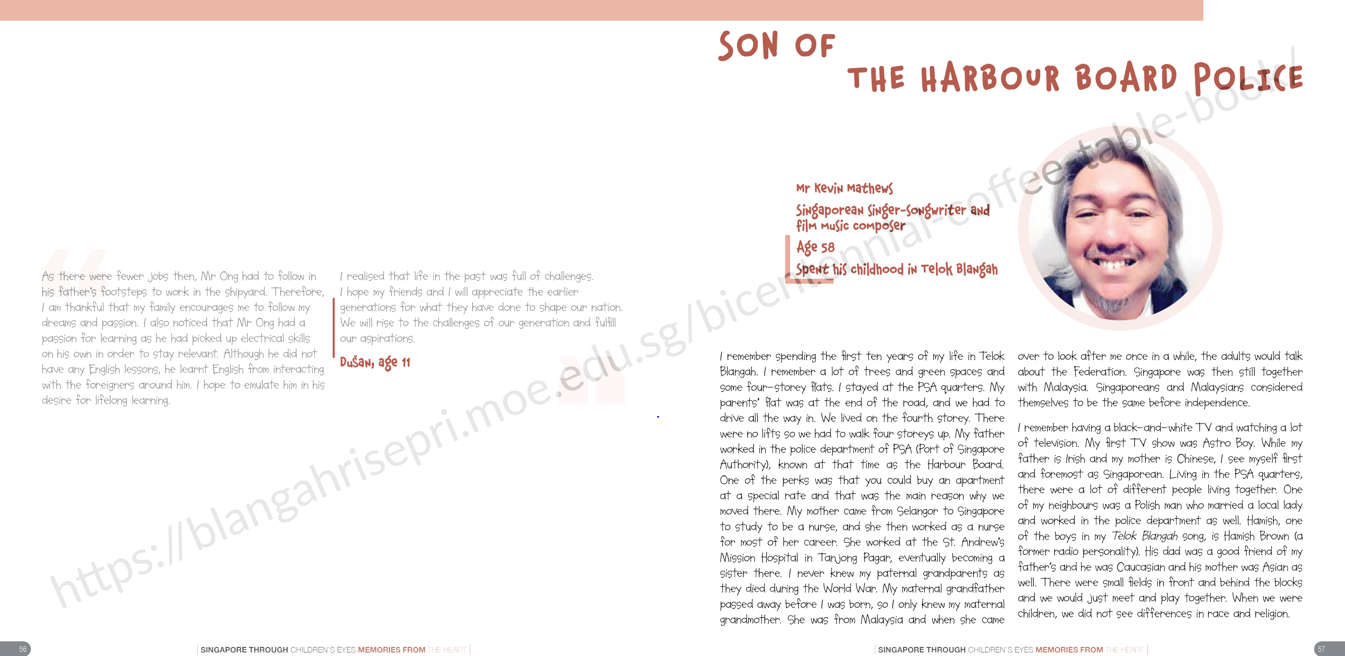 Book spread titled Son of the Harbour Board Police featuring text and a circular photo of Mr Kevin Mathews smiling.